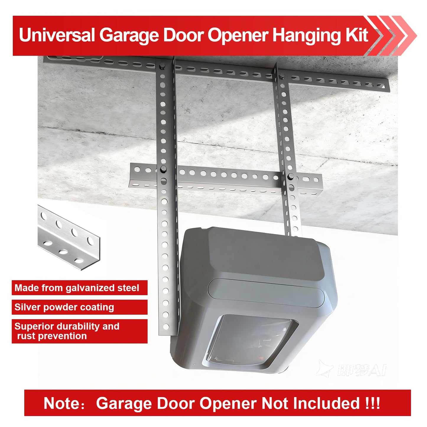Demimy Garage Door Opener Mounting Brackets, Universal Hanging Kit with Door Reinforcement Bracket for Genie/Chamberlain/Craftsman Smart Chain Drive Openers, Galvanized Steel, Ceiling Mount, 5-Piece