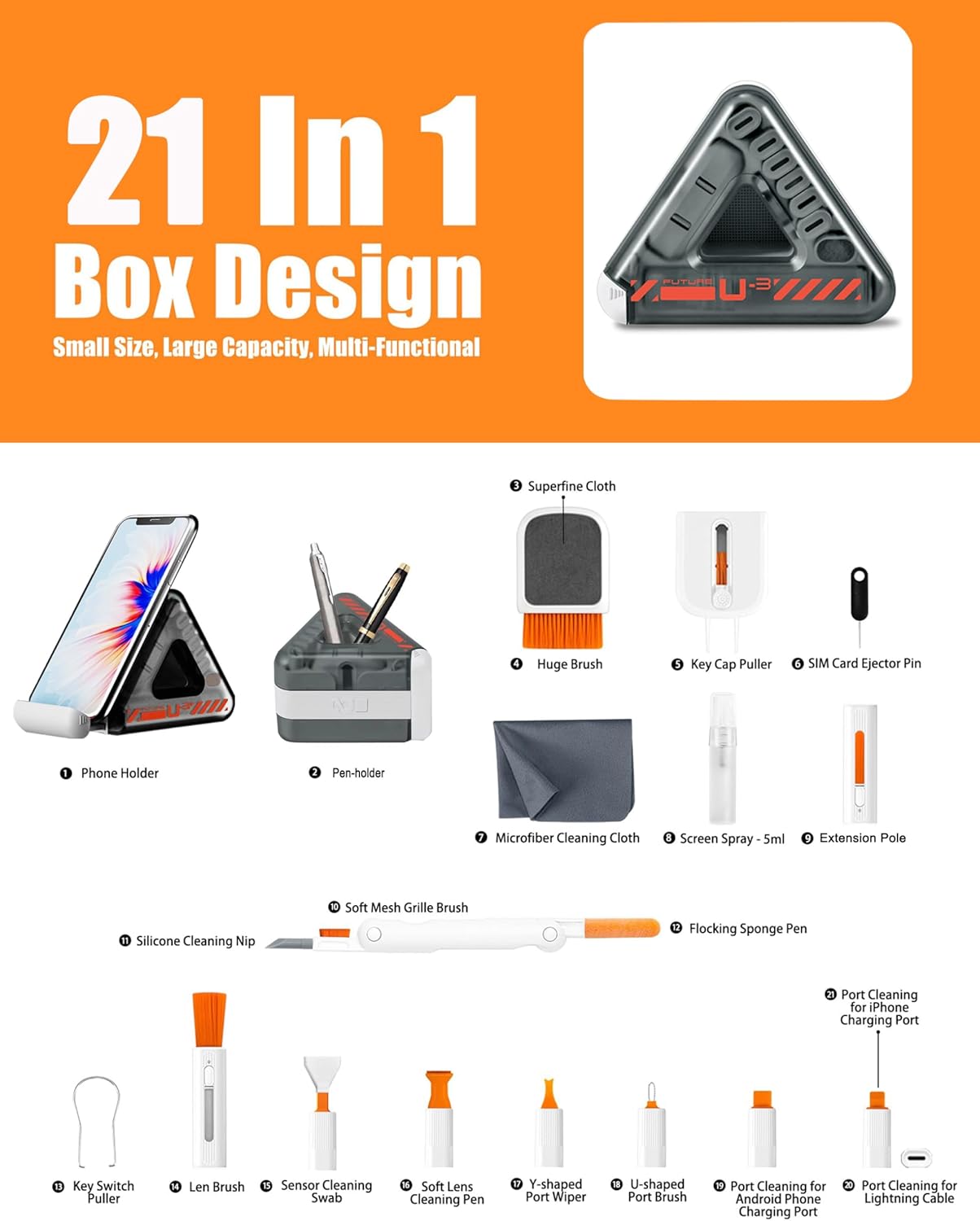 TEDBOX 21 Laptop, Phone, and Electronics Cleaning Kit with Spray, Microfiber Cloth, Brush, Tools (Triangle)