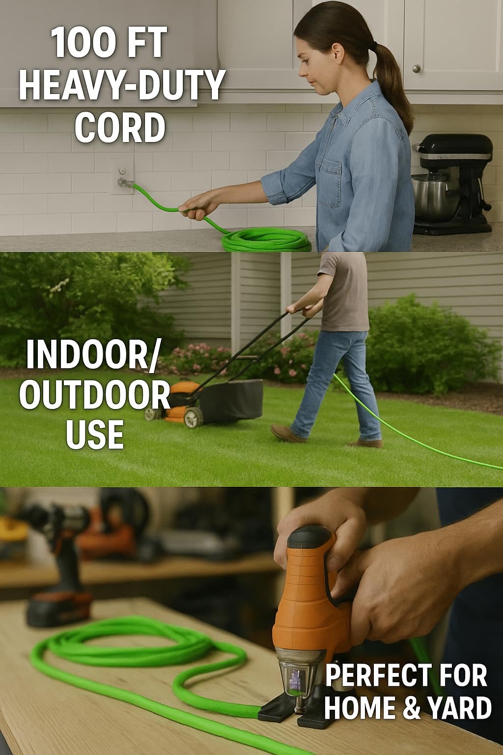 pizety 100 ft 10 Gauge Extension Cords 10 3 Contractor Grade 100 feet 10 Gauge Power Extension Cord 10/3 Plug Extension Cord with Lighted Ends (100 ft 10 Gauge Green Waterproof Extension Cord