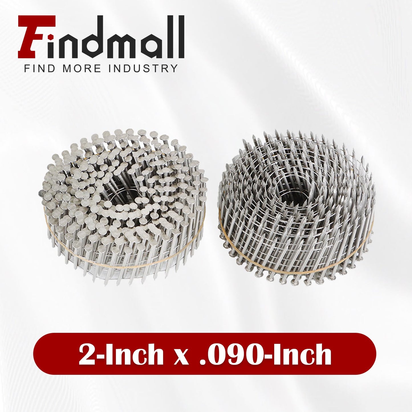 findmall 3600 Count 2-Inch x .090-Inch Ring Shank 304 Stainless Steel Siding Nails 15-Degree Collated Wire Coil for Wood Siding or Fencing Applications