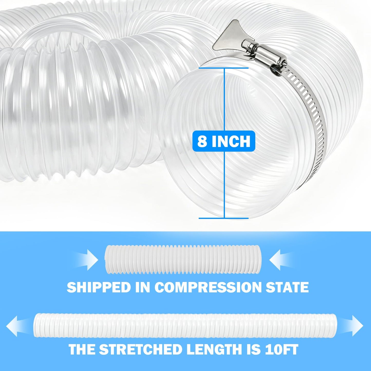 8" x 10FT PVC Dust Collection Hose, Heavy Duty Flexible Dust Collector Hose with Steel Wire Clamps for Woodworking, CNC Machines, Table Saws & Workshop Dust Collection Systems