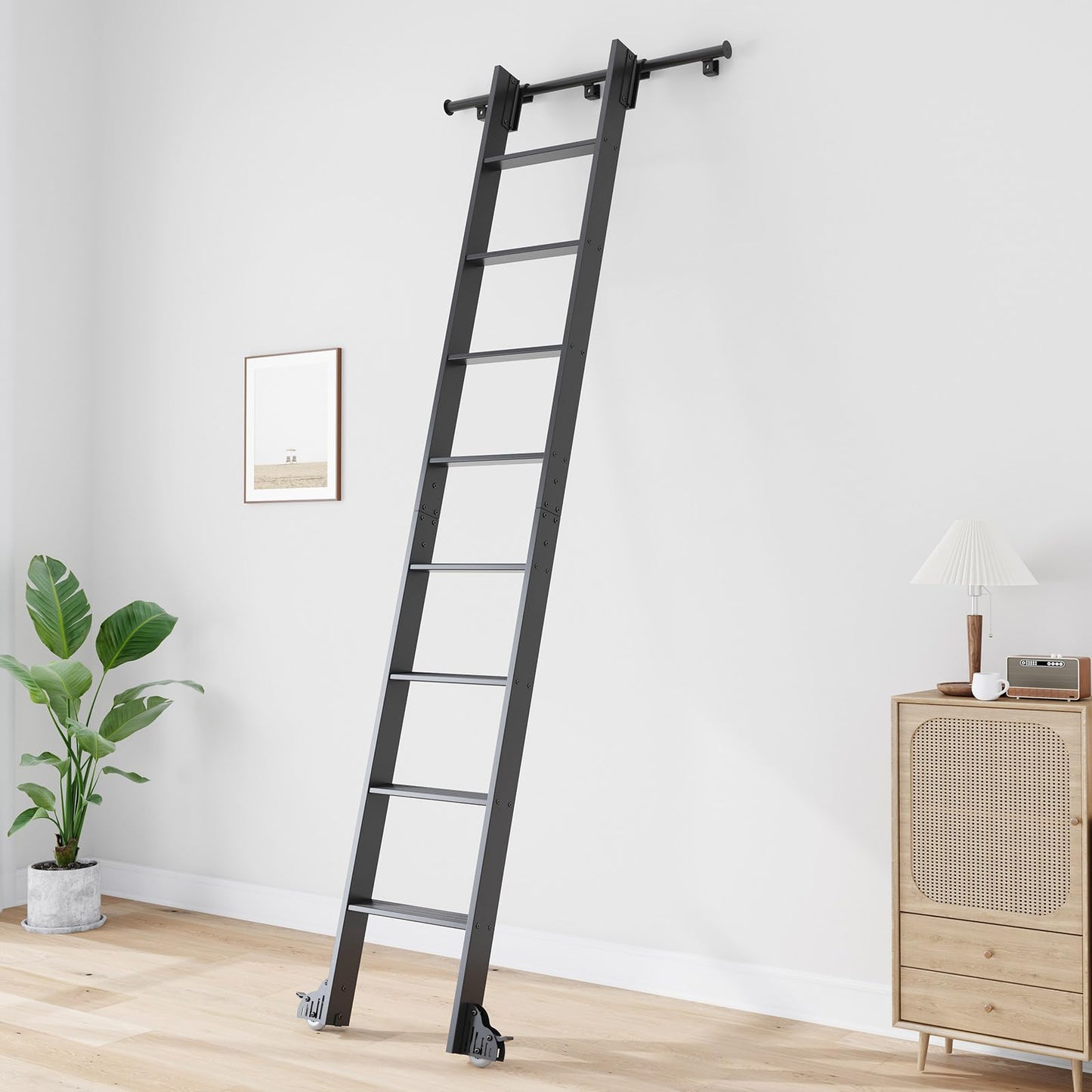 Fredbeck Aluminium Rolling Library Step Ladders 108" with 8FT Sliding Hardware Track Kit for Kitchen,Loft,Warehouses,Bookstore,attic,Metal Black