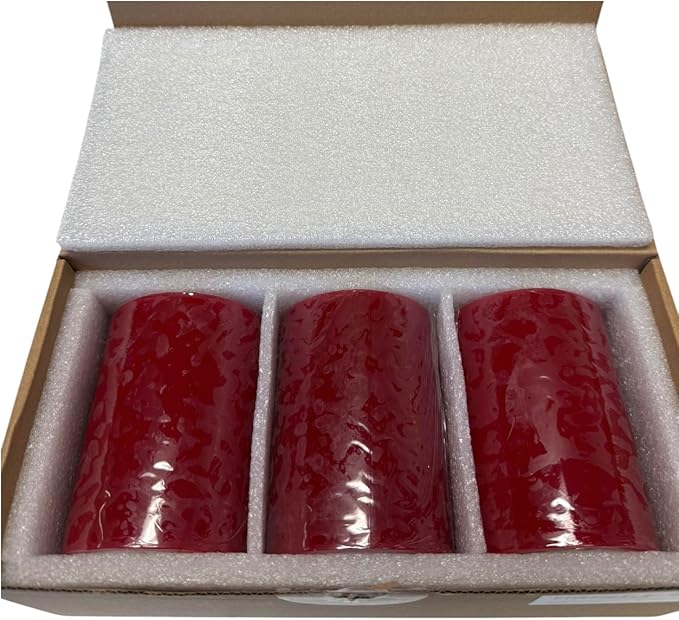 Mister Candle Dripless Unscented Pillar Candles, Set of 3 Hand Poured Solid Color Non-Scented Candles for Home Decor, Premium Wax, 60 Hr Burn Time - 3x4 Inch, Red