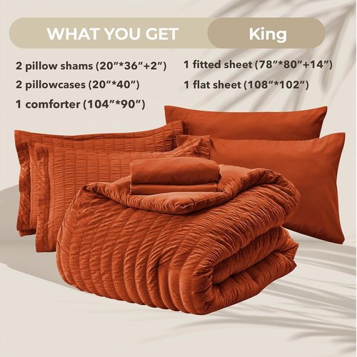 HYMOKEGE King Size Comforter Set - Burnt Orange Seersucker 7-Piece Luxury Bedding Set