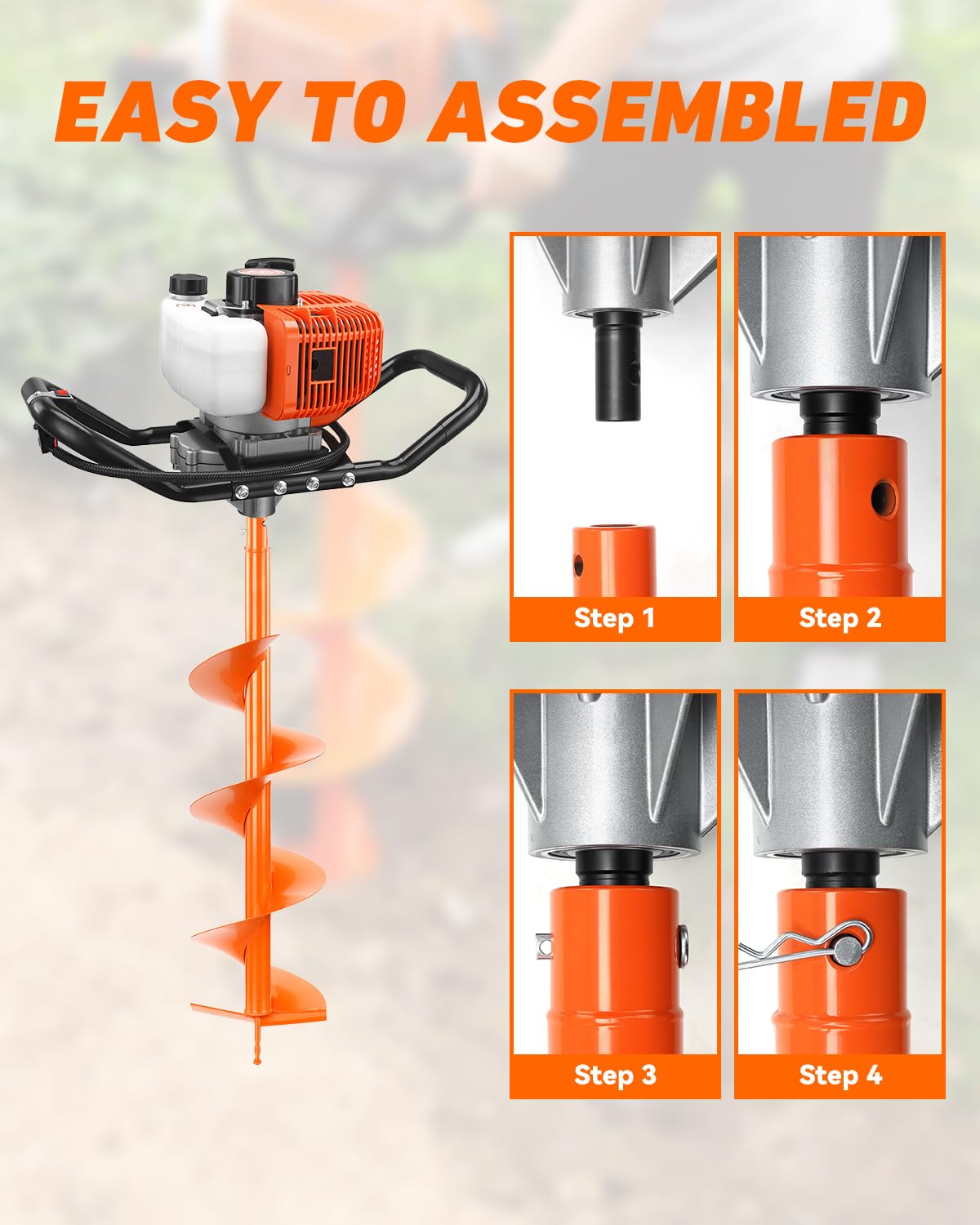 NEO-TEC 63CC Post Hole Digger Auger Drill Gas Powered 2-Stroke & 6" 10" Drill Bits + 3 Extension Bar, Earth Auger Petrol Drill Borer for Garden Lawn for Planting