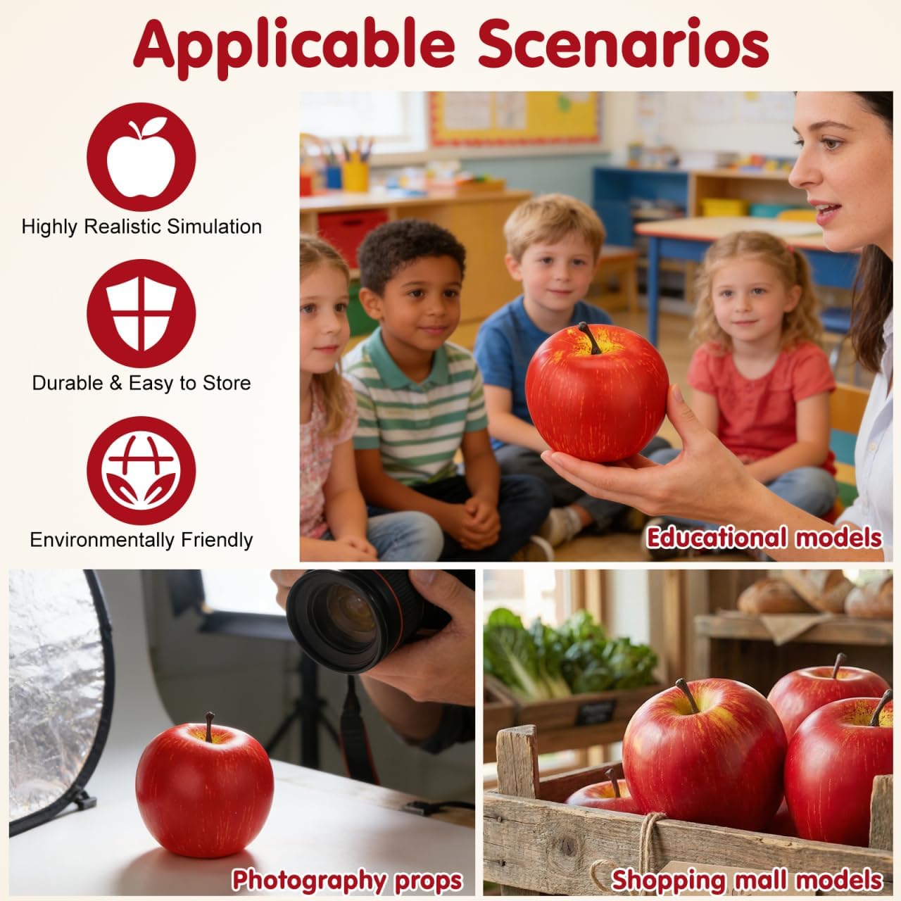 3.14 Inch UKCOCO Large Artificial Red Apple, Realistic Foam Fruit Model for Home Kitchen Decor, Lifelike Fake Apple