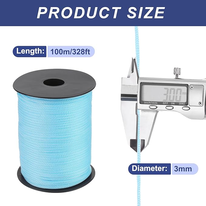 MECCANIXITY 1/8 Inch Polypropylene Rope Braided Ropes, 328ft Nylon Rope Hollow Utility Cord for Clothesline, Camping, Hiking, Outdoor, Sky Blue