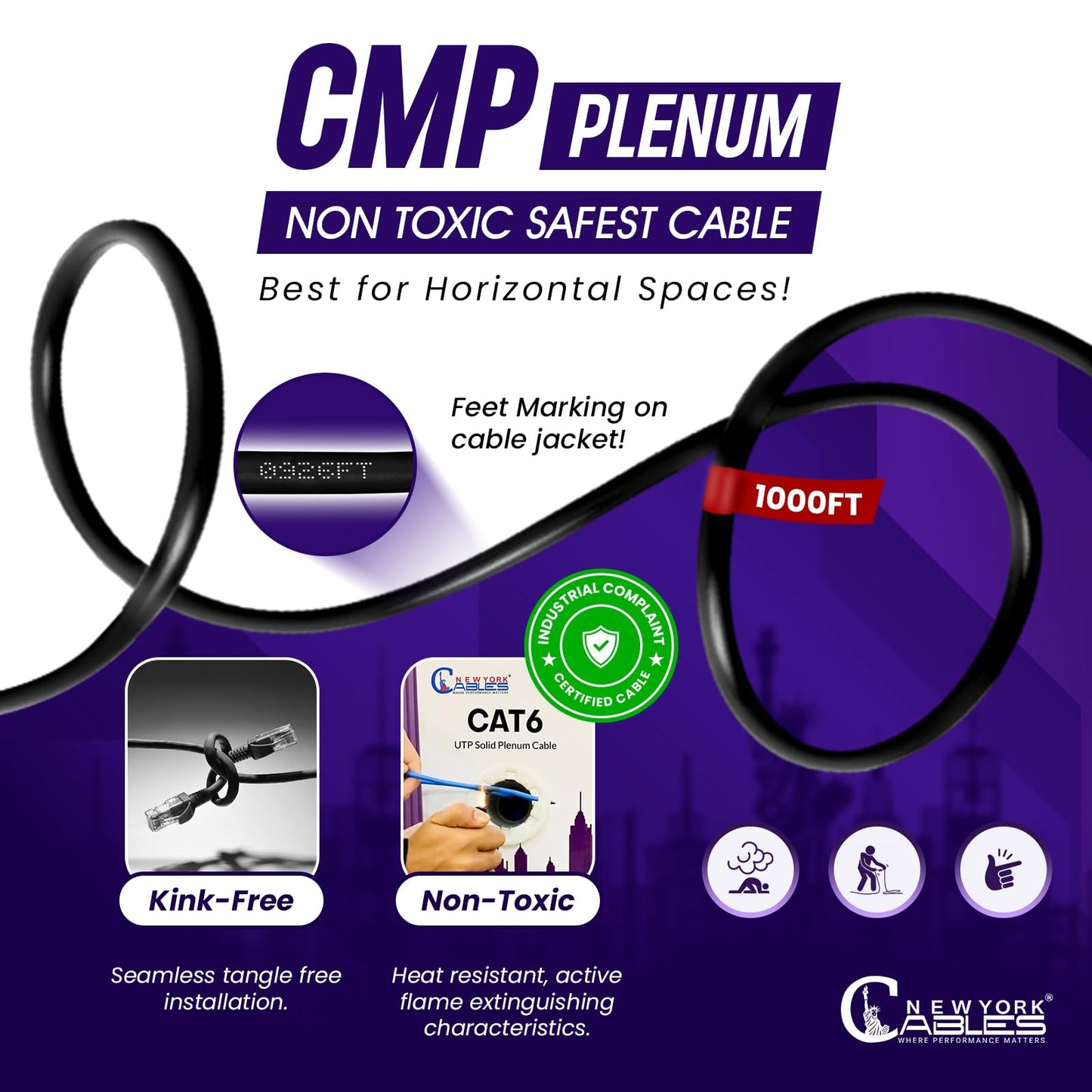 NewYork Cables | CAT6 Plenum Cable 1000ft | 23AWG, UTP 4Pairs, 550MHz 10Gbps Most Certified (CMP) Rated | Fire-Resistant | Bulk Cat 6 Ethernet Cable for Networking (1000ft, Solid Conductor, Black)
