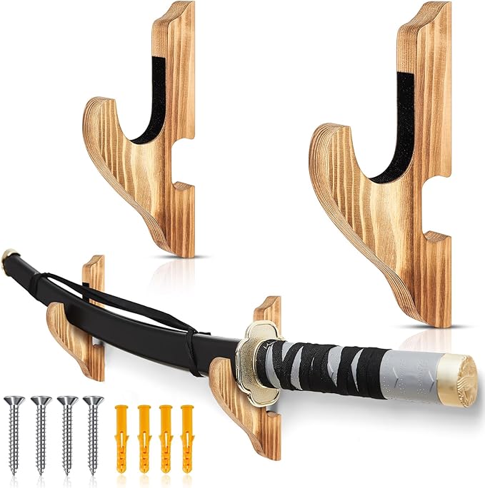 Chunful 2 Pcs Sword Wall Mount Sword Holder Katana Stand 1 Tier Hanger Adjustable Wooden Mounts for Samurai(5.91 x 2.76 x 1.38 Inches,Burnt Color)
