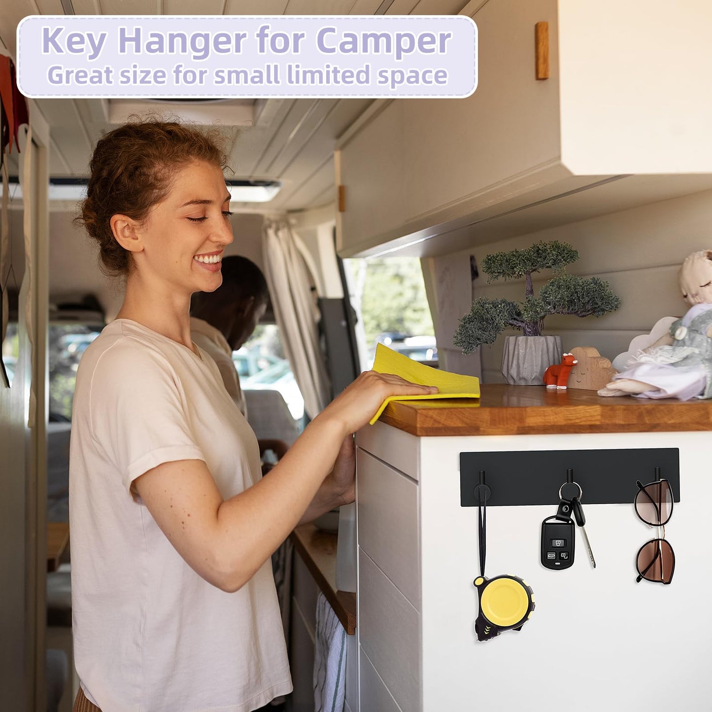 VIS'V Key Holder Wall Mount, Small Metal Self Adhesive Key Hanger with 3 Hooks, No Drilling, Extra Adhesive Strip, Black