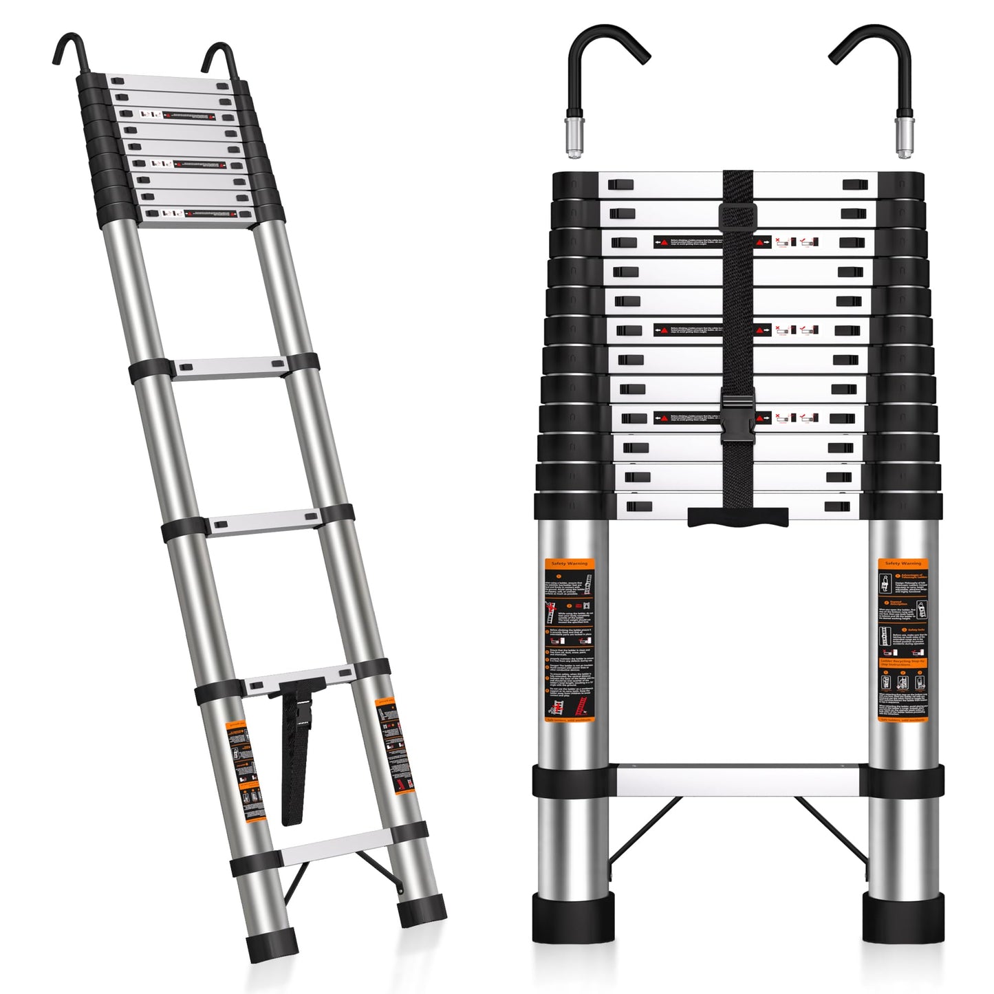 Telescoping Ladder 16.5 FT Stainless Steel Extension Ladder with 2 Detachable Hooks, Portable Multi-Purpose Collapsible Telescope Ladder for Home,RV,Outdoor Work, 330lbs Max Capacity