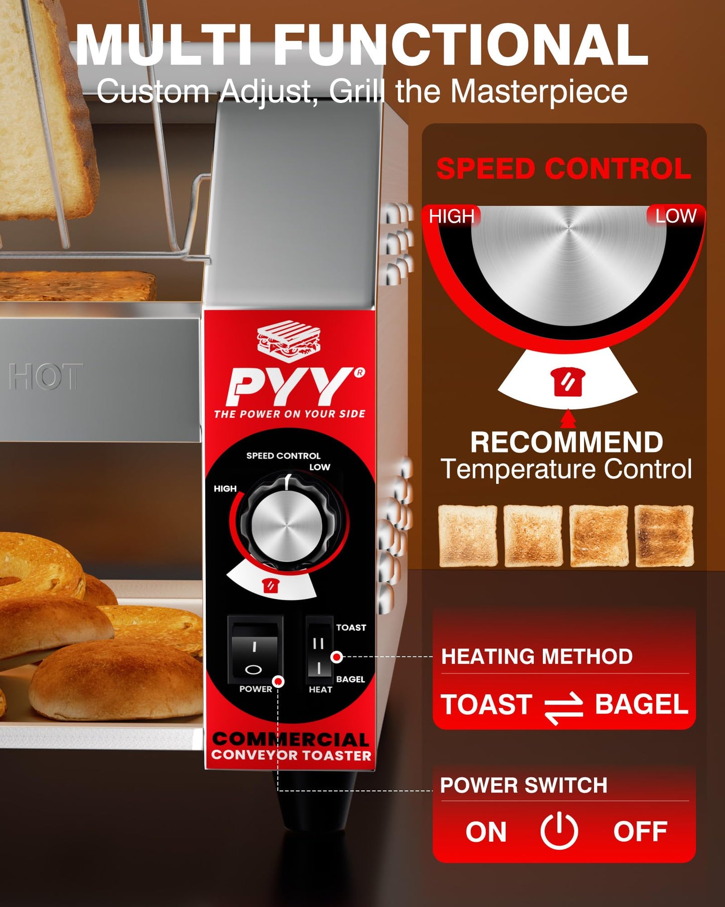PYY Commercial Conveyor Toaster - 200 Slices/Hour Upgrade Electric Industrial Belt Toasters Heavy Duty Stainless Steel Tostadora Transportadora for Bun Bagel Bread Waffle Restaurant Buffet