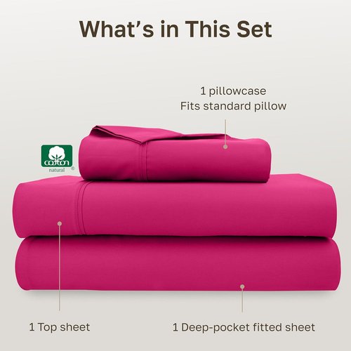 California Design Den Twin Bed Sheet Set - 100% Cotton, 400 Thread Count, Silky Sateen Weave - Hot Pink