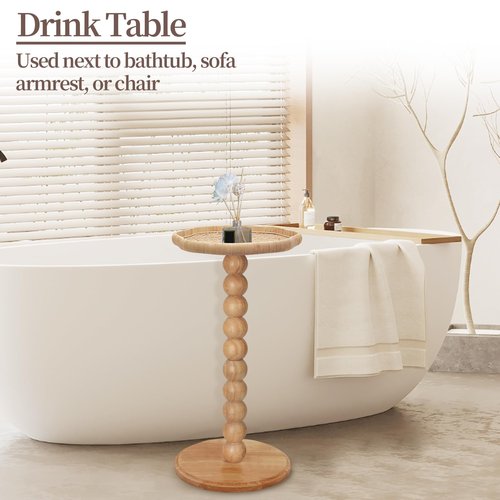 FASNAHOK Drink Table, Boho Rattan Flower Small Side Table for Small Spaces, Solid Wood Modern Nightstand for Living Room, Bedroom, Farmhouse, Corners