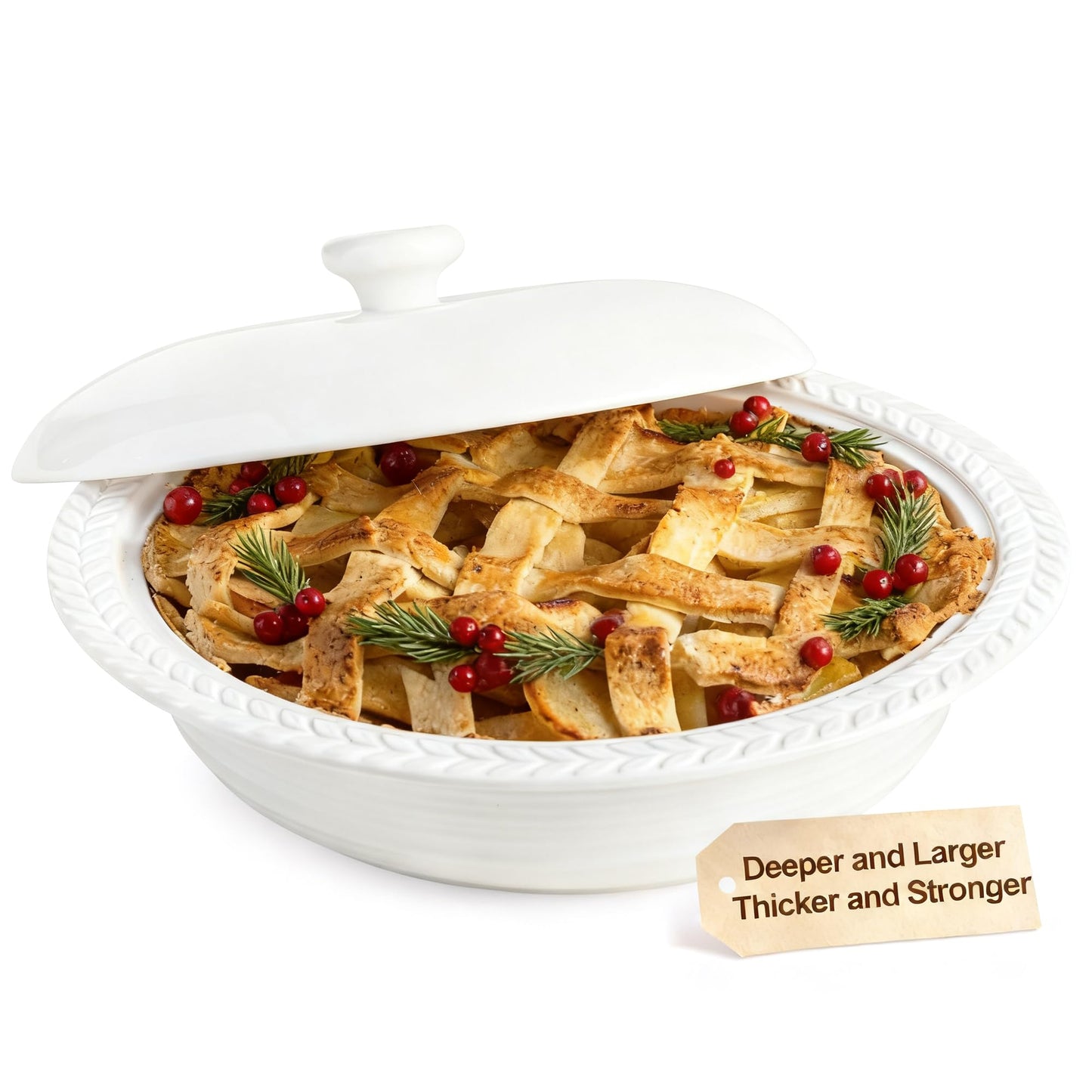 Cormomu Deep Dish Pie Pan with Lid, 11 inch Ceramic Pie Dish, Round Baking Dish for Apple, Quiche, Pot Pies, Tart, etc, Microwave, Dishwasher, and Oven Safe