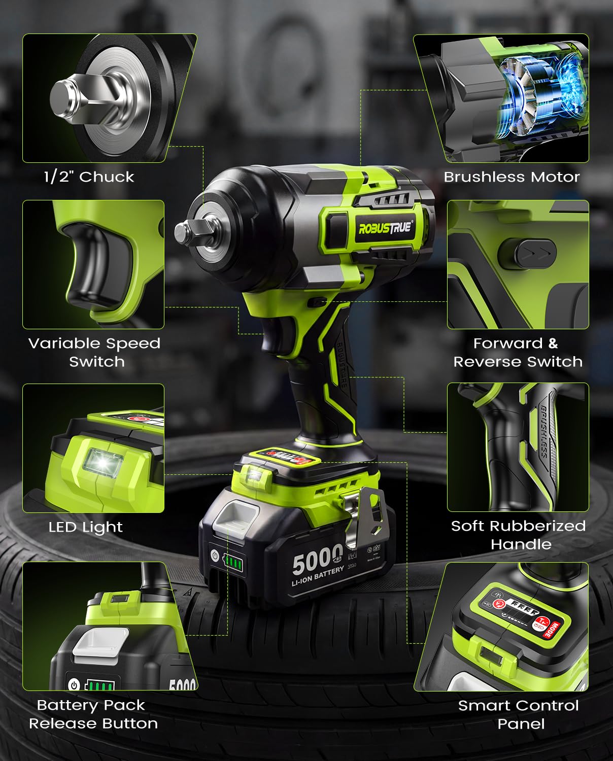Robustrue Cordless Impact Wrench,1475Ft-lbs (2000N.m) 1/2 High Torque Brushless Impact Gun, 18V Power Impact Driver, 2 * 5000mAh Battery,5 Sockets, Brushless Variable Speeds for Car/Truck RV/Mower