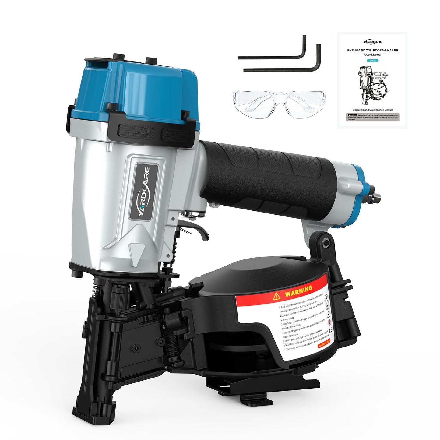 YARDCARE CRN45 Roofing Nailer, 15 Degree Pneumatic Coil Roofing Nail Gun for 7/8″ to 1-3/4″ Nails, 120 Coil Capacity, 70-120 PSI Pistolas Para Roofing for Asphalt Roofing Shingles Wooden Cases