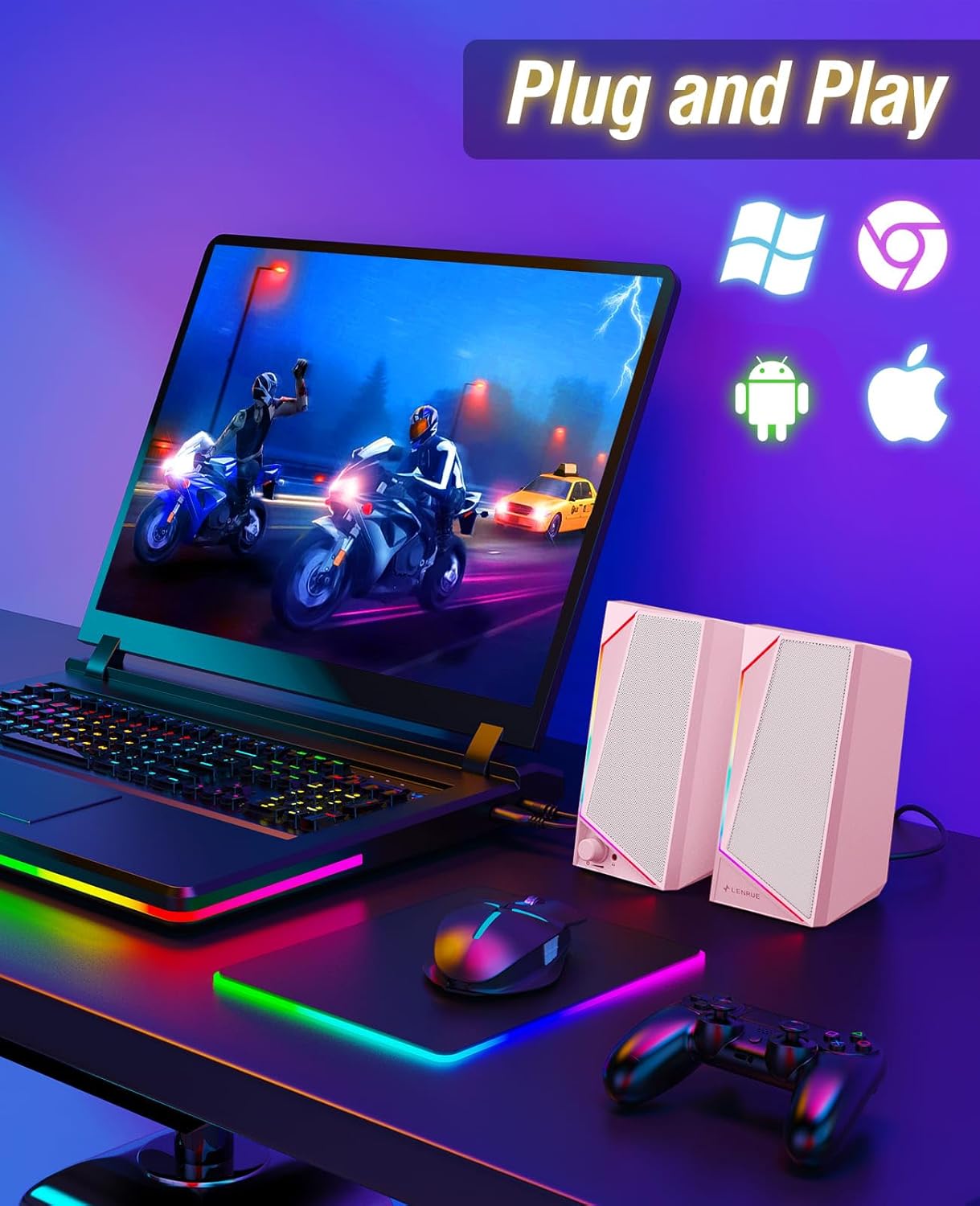 LENRUE Computer Speakers, USB/USB-C Powered PC Speakers with Loud Stereo Sound, Headphone-in for Desktop, Laptop