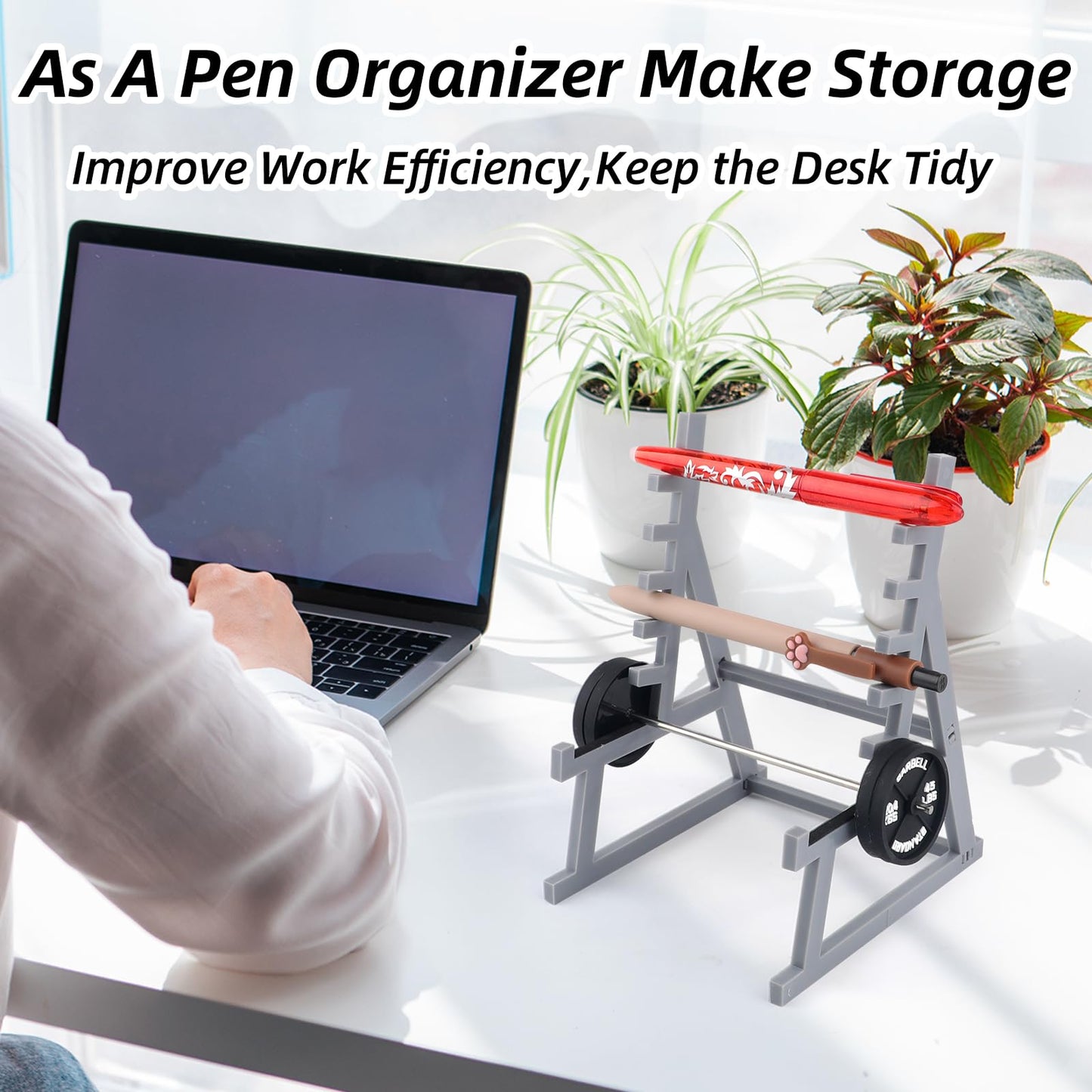 Squat Rack Pen Holder,Desktop Squat Rack with Barbells and Weights,Unique Mini Pen Organizer Barbell Rack Creative Phone Stand for All Fitness Enthusiasts and Weightlifting Fans