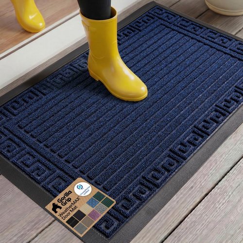 GORILLA GRIP Waterproof All-Season Doormat - Natural Rubber, Stain & Fade Resistant, 29x17, Navy Greek Keys