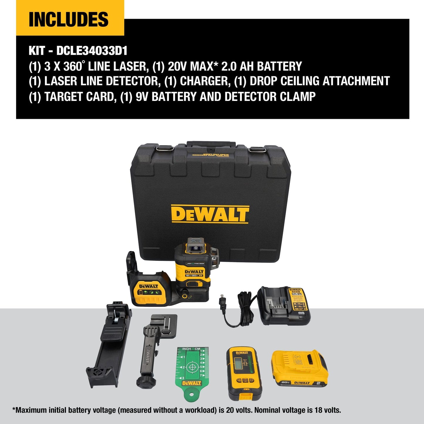 DEWALT 12V/20V MAX XR Line Laser, High Precision 3 X 360, Green, Battery and Charger Included (DCLE34033D1)