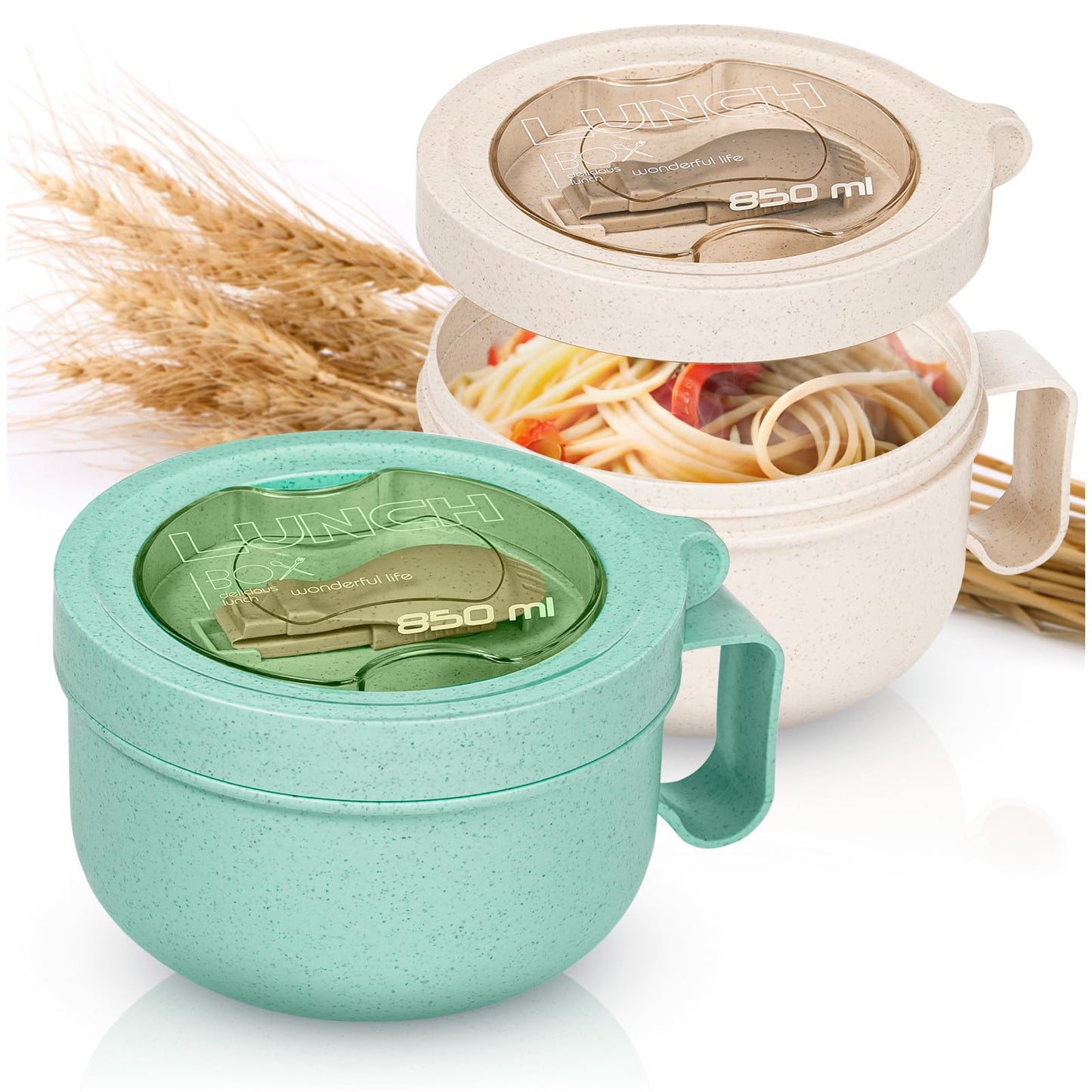 MATICAN Microwave Soup Bowl with Lid, 2-Pack Soup Mug with Lid, Microwave Containers for Ramen Noodles, Soup, Beverages, 28.74 Ounces, Mint, Eggshell White, Includes Spork
