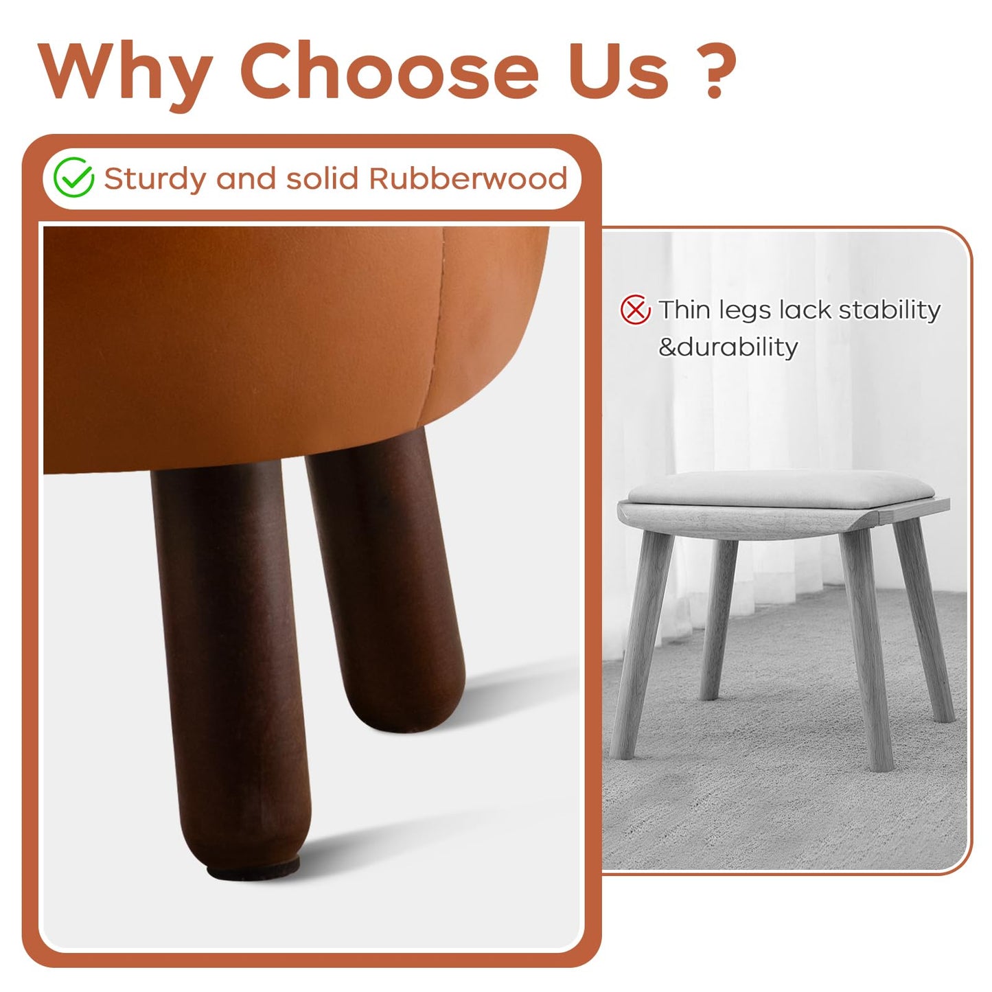 oakvivo Small Foot Stool, Round Faux Leather Pouf Ottoman Foot Rest, Footstool Ottomans with Rubber Legs Under Desk, 13''L x 13''W x 10.2''H, Footrest for Couch, Living Room, Bedroom, Hallway, Brown