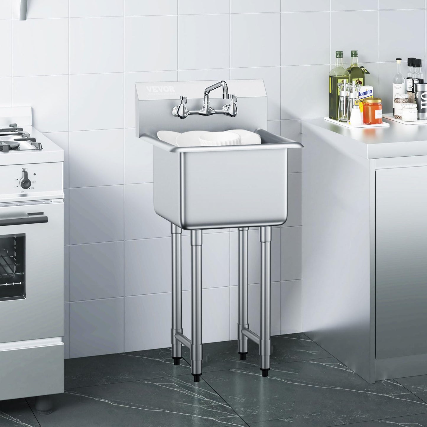 VEVOR Stainless Steel Prep & Utility Sink, 1 Compartment Free Standing Small Sink Include Faucet & legs,commercial Single Bowl Sinks for Garage, Restaurant, Kitchen, Laundry