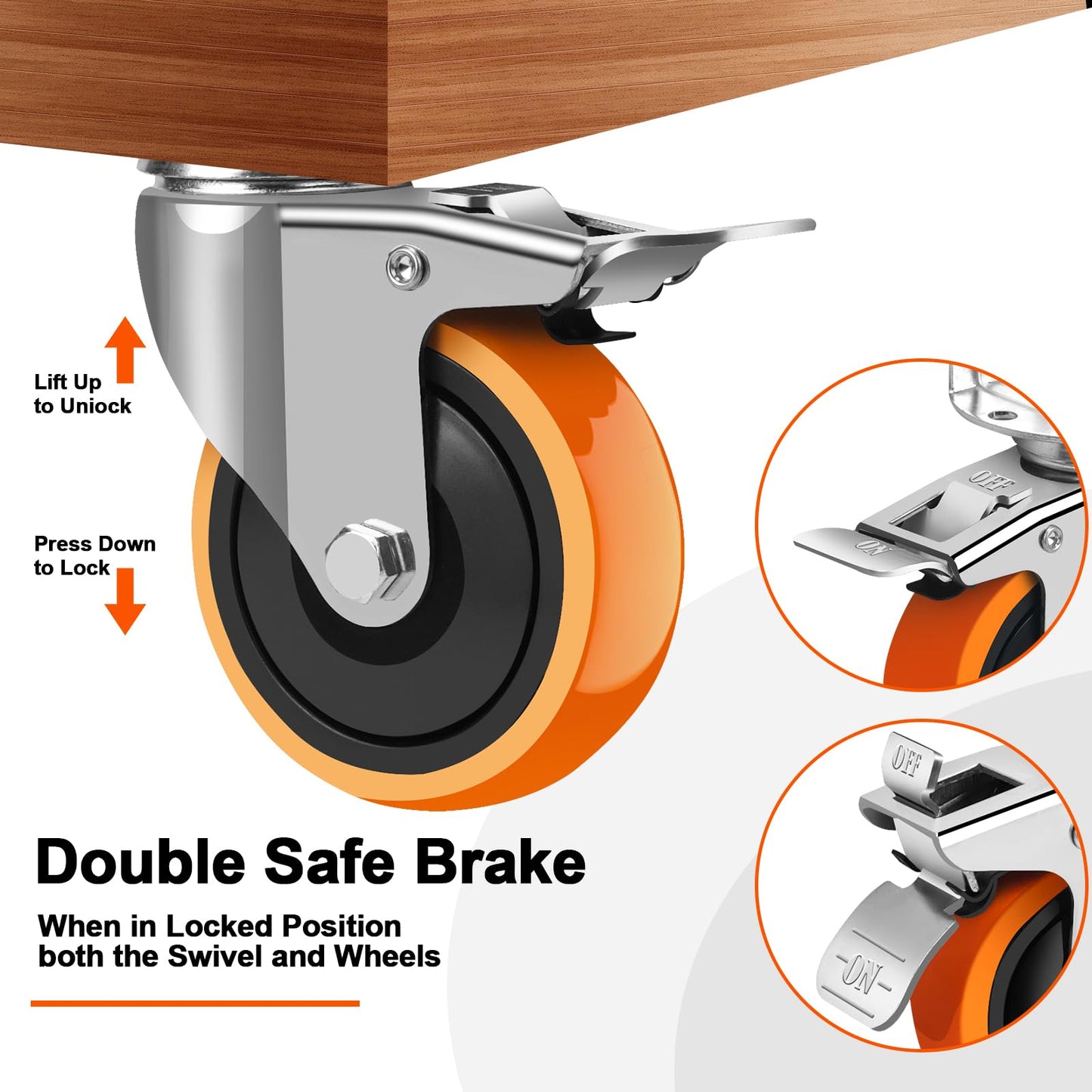 3 Inch Side Mount Casters Set of 4, L-Shape Heavy Duty Plate Caster Wheels 1000 LBS,Swivel Castors with Brakes,Silent Rubber Wheels for Furniture, Carts,Table,Office Chair