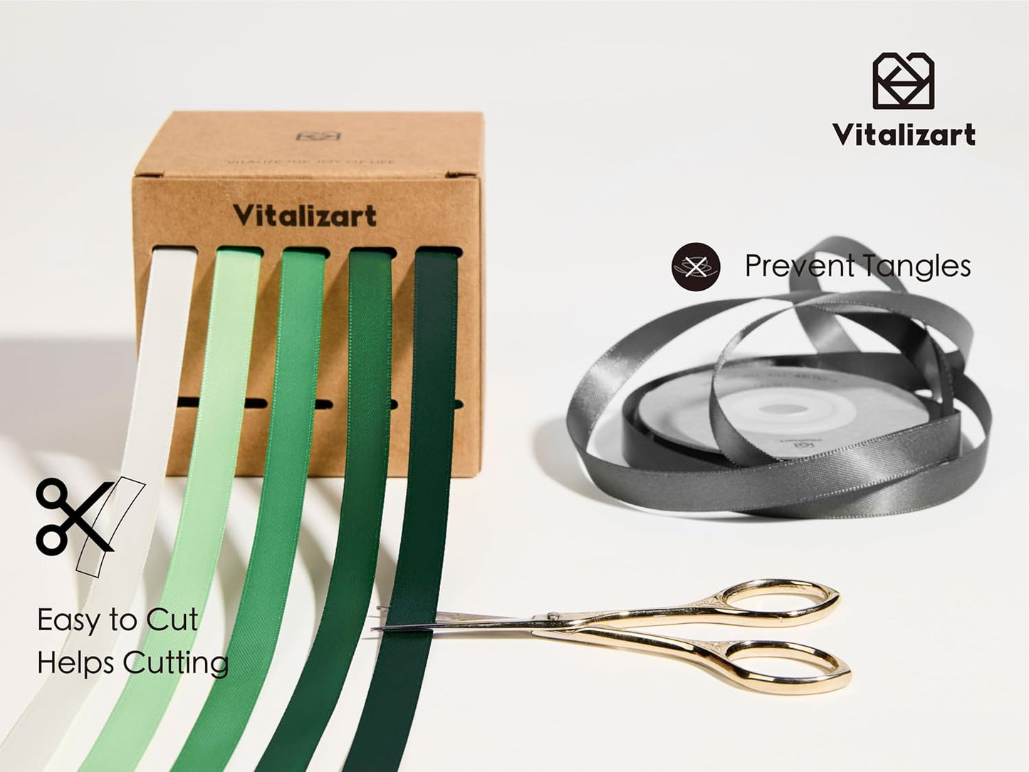 Vitalizart Satin Ribbon - Green & Cream Double-Faced Craft Ribbon | 3/8" x 50 Yd for Gift Wrapping & Decorations