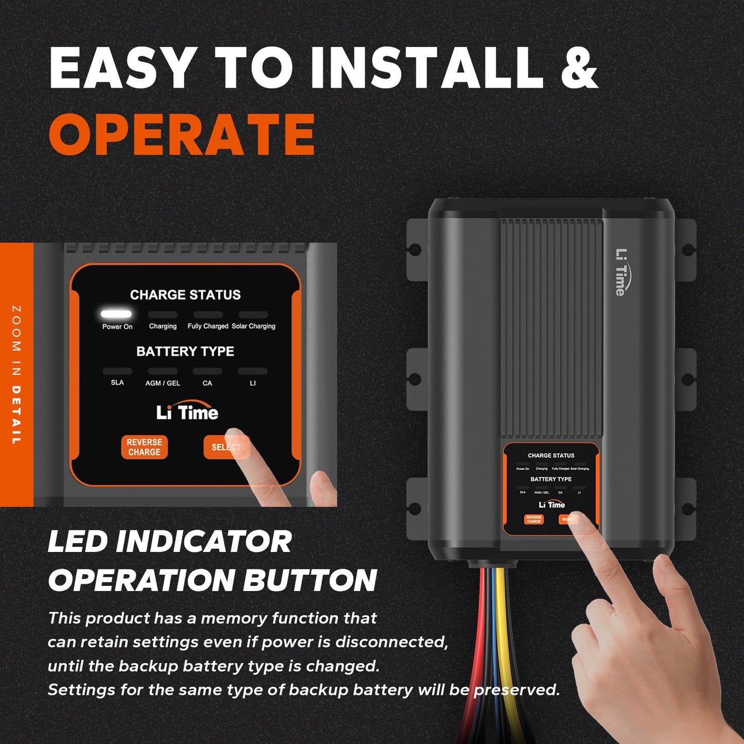 LiTime 12V 40A DC-DC Battery Charger with MPPT Solar Controller, Dual Input Smart Charger for 14.6V LiFePO4 Lithium Batteries, Fast Charging for RVs, Campers, Trailers, Solar, Home Backup and Off-Grid