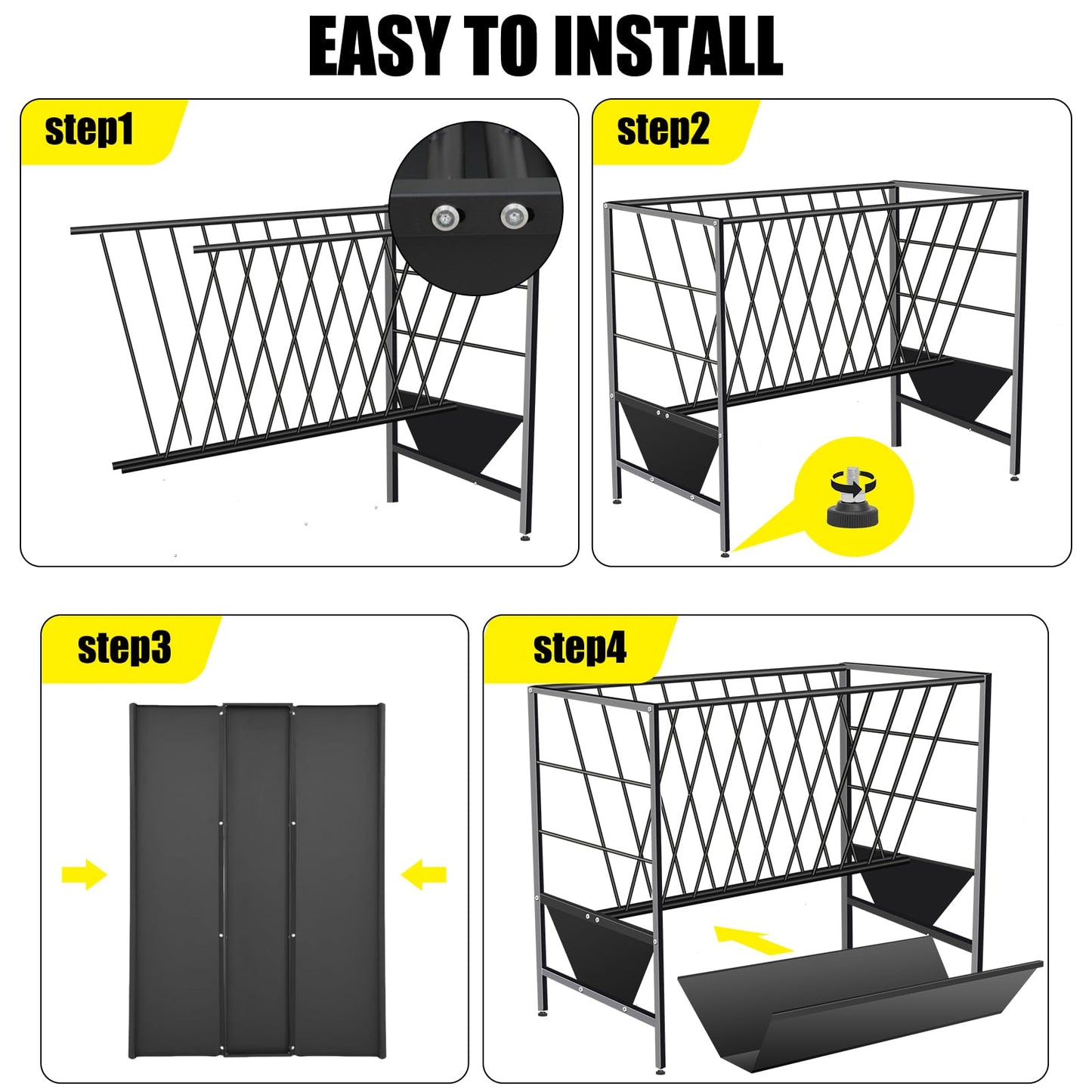 YXJSTO Pasture Hay Feeder 69 Gallon, Livestock 2 in 1 Hay and Grain Feeder, Heavy-Duty Galvanized Metal Goat Feeder with 2 Trays, Pasture Feeder for Goat, Sheep, Foal, Sheep