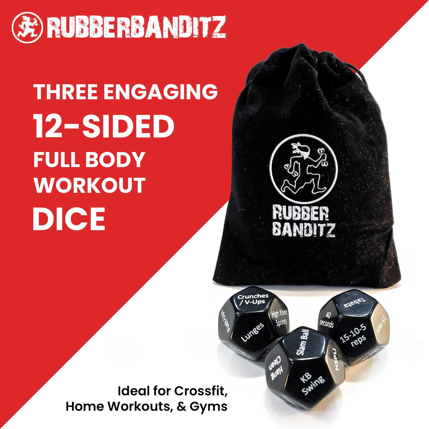 Rubberbanditz - Fitness Dice for Exercise & Workouts | Three Engaging 12-Sided Full Body Workout Dice | Ideal for Crossfit, Home Workouts, and Gyms | Fun Workout Equipment