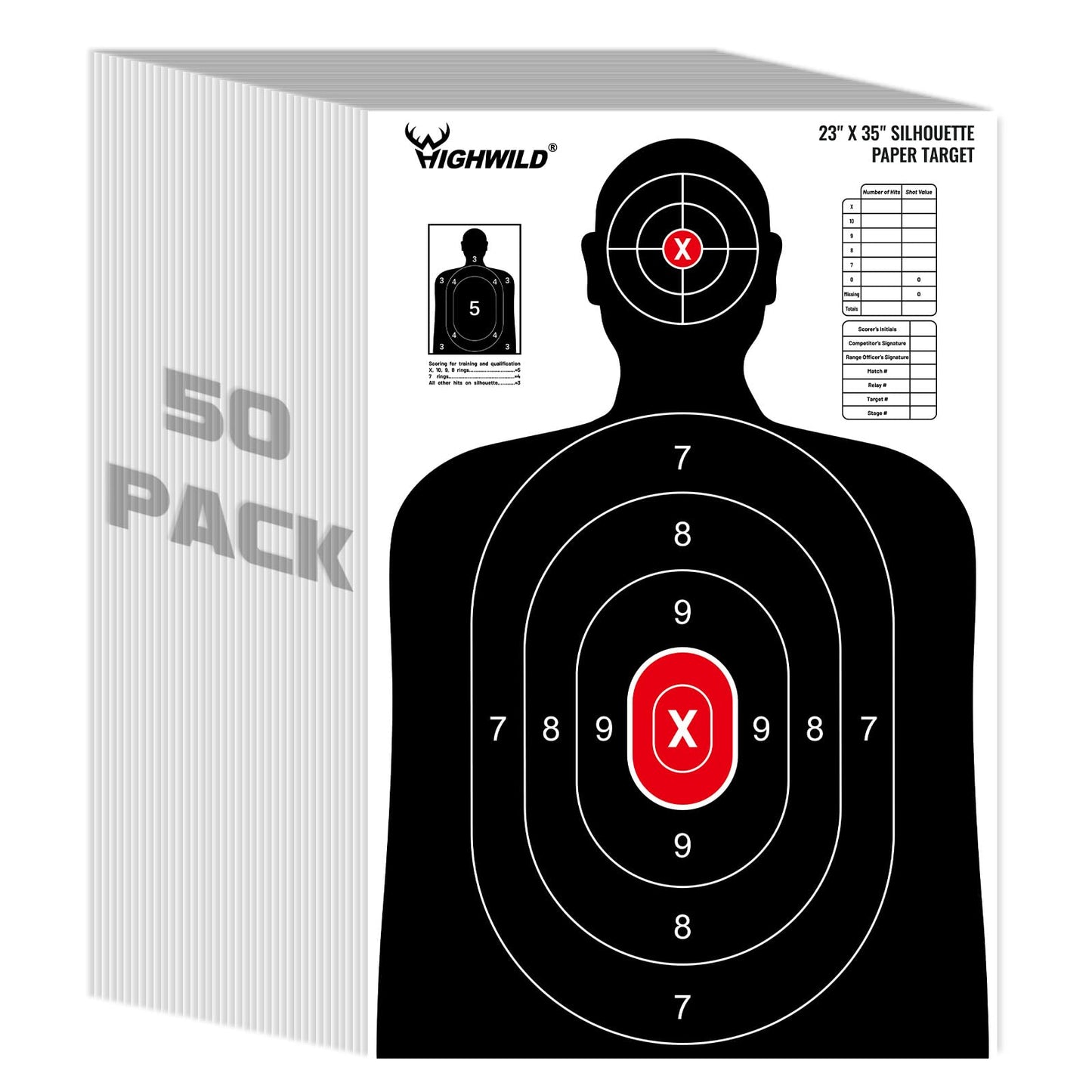 Highwild Shooting Range Silhouette Paper Target - 23X35 Inches - Suitable for Handguns, Rifles, Airguns, BB Guns (50 Pack, White & Black)