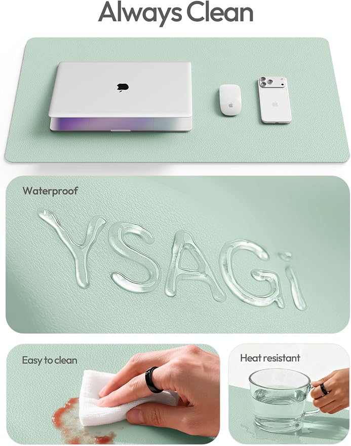 YSAGi Leather Desk Protector, Office Mat, Large Mouse Mat, Non-Slip PU Leather Blotter, Laptop Desk Pad, Waterproof Writing Pad for Office and Home (Pale Green, 47.2" x 23.6")
