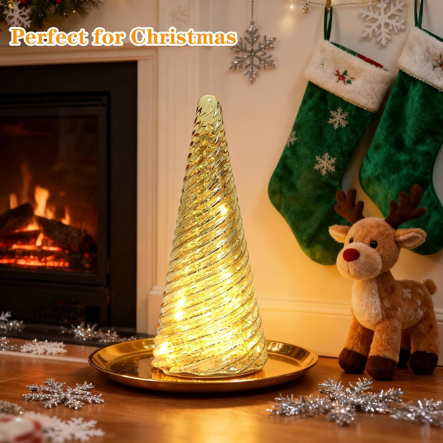 Regine Switzerland Glass Christmas Tree Decorations - Mercury LED Light Tabletop Decor | Battery Operated Night Lights with Timer for Home Festivities