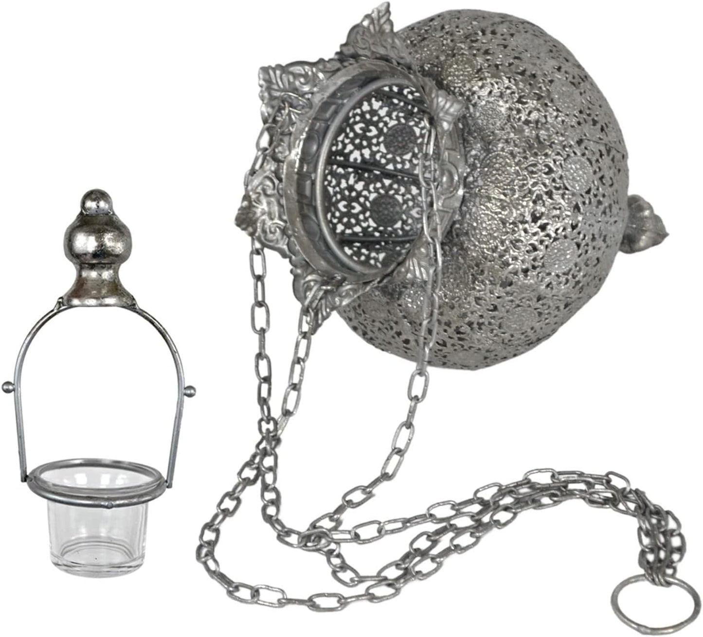 Westcharm Antique Silver Moroccan Lantern - Elegant Metal Hanging Pendant Light for Indoor/Outdoor Use - Small