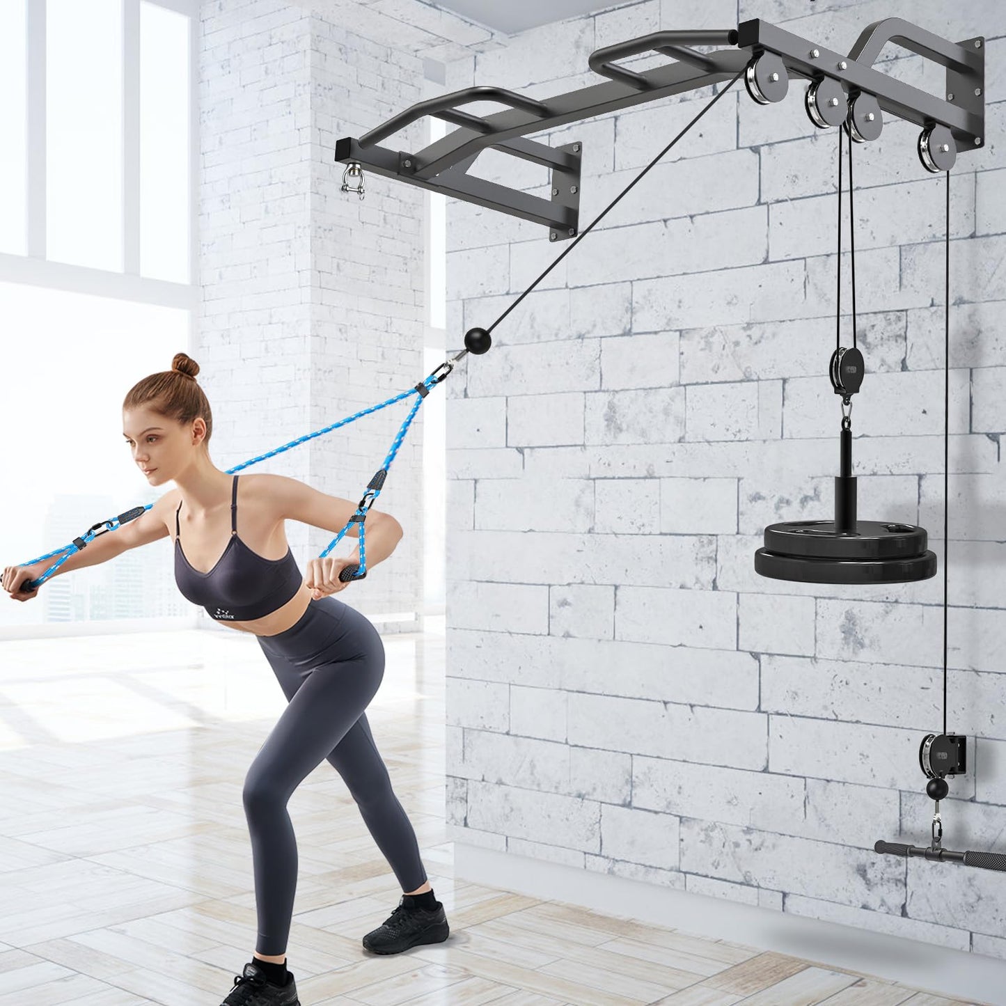 Kipika 48" Ceiling Mounted Pull Up Bar, Heavy Duty Multi-Grip Chin Up Bar,Mounted Pullup Bar, Adjustable Height, Pull Up Bands for Chin Ups & Body Stretching, Ideal for Home Gym and Strength Training (48" Cable Pulley System)