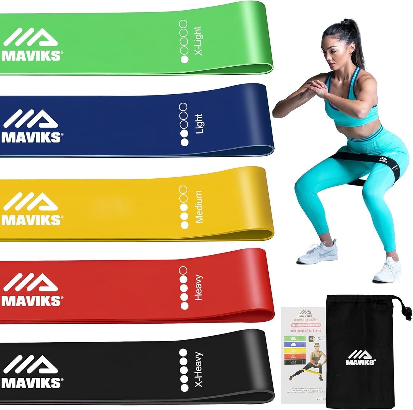 MAVIKS Exercise Resistance Bands for Working Out Set of 5 for Women and Men, Stretch Bands for Exercise, Physical Therapy, Arms Legs Workout, Stretching, Home Fitness
