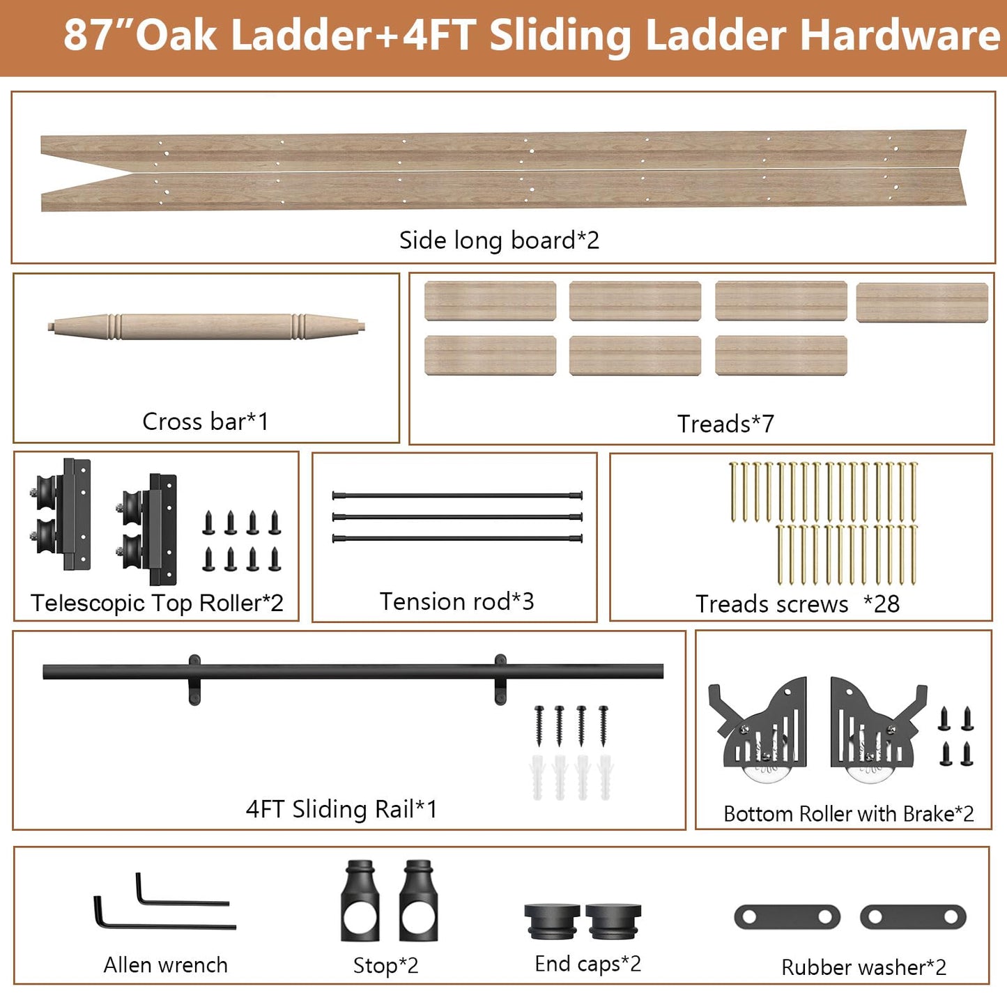 LKCBITION 87inch Heavy Duty Oak Wood Ladder with 4ft Telescoping Top Rollers & Bottom Brake Wheels Sliding Hardware, Rolling Library Ladder for Loft, Attic, Bookshelf