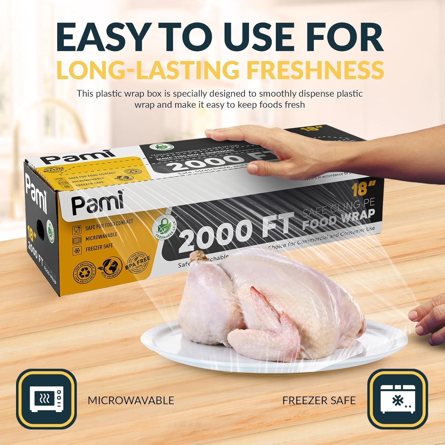 PAMI Plastic Food Wrap - 18 Inch Wide x 2000ft Clear BPA-Free Cling Wrap with Dispenser Box | Microwave & Freezer Safe