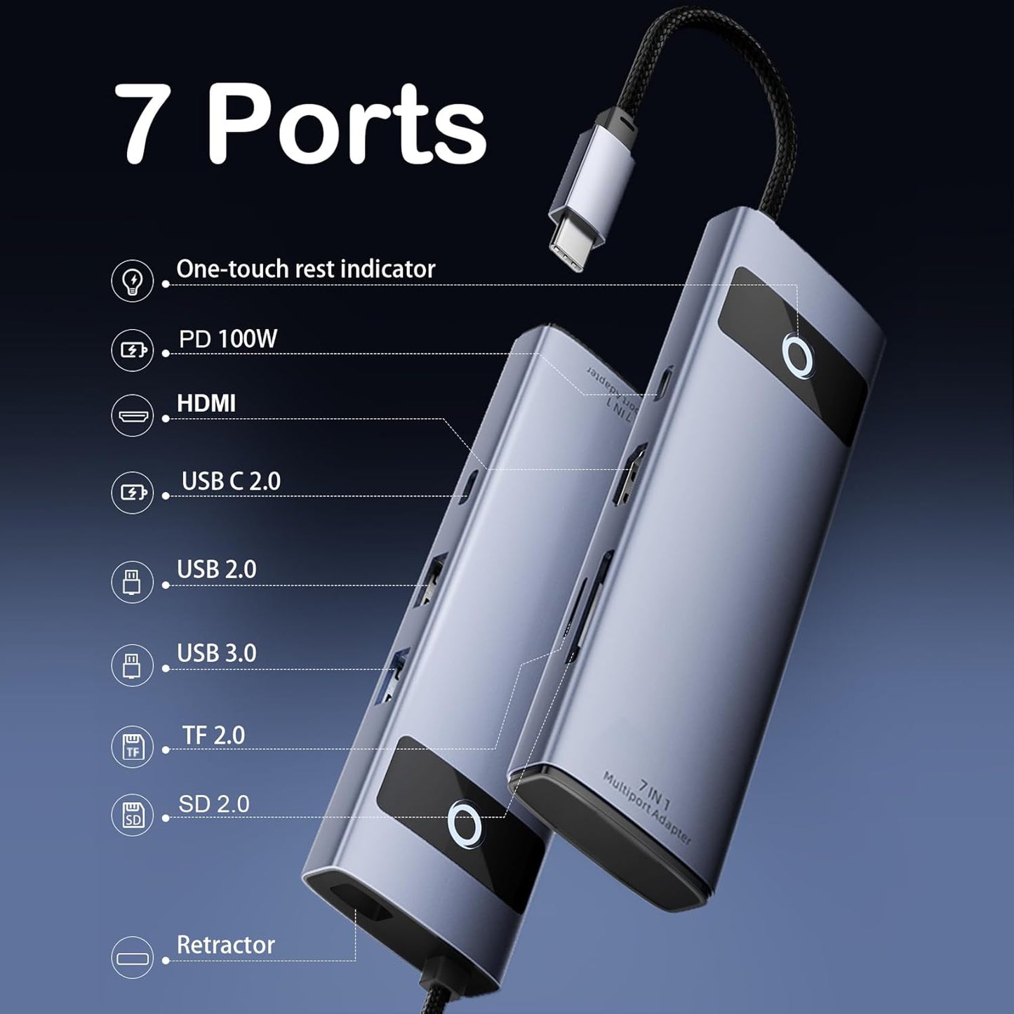 DiamondTiger 7 1 4K@30Hz 10Gbps 100W in Docking Station,USB C Hub HDMI Display, USB-A/C Data Ports, PD,TF/MicroSD Card
