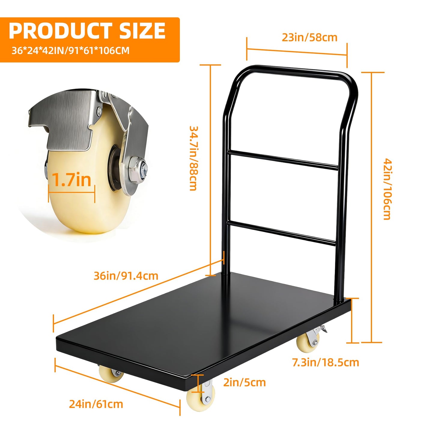 Heavy Duty Platform Truck Moving Flatbed Cart 36” x 24”Push Dolly, 2200 lbs Capacity Steel Flatbed Cart, Flat cart with Wheels and Handle, for Luggage Moving, Shopping Groceries, Garage, Warehouse