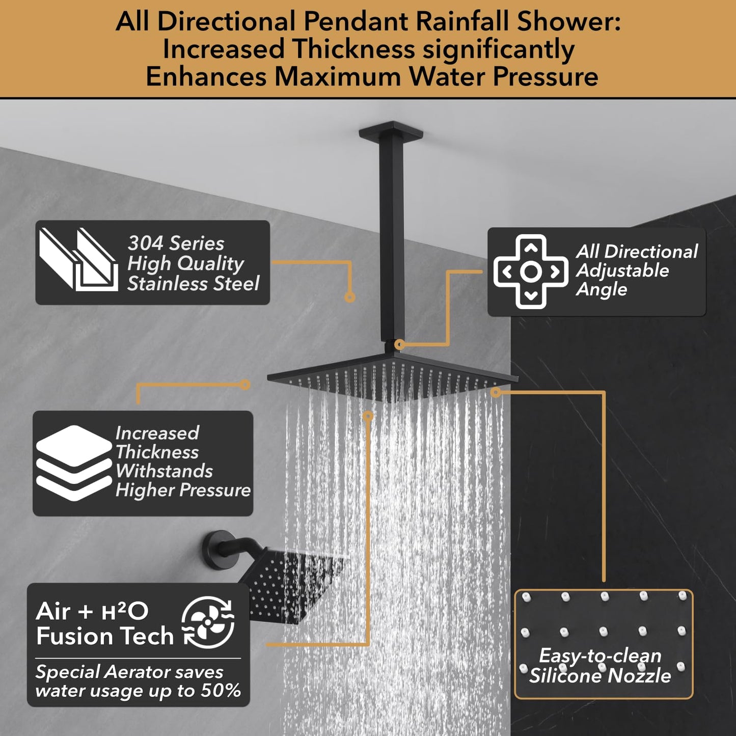 VANFOXLE Shower Faucet Set Matte Black Shower System, Push Button Diverter Shower Faucet with Trim Kit, Ceiling Mount 10 Inch Shower Head Increased Thick, 6 Inch Side Shower Head, 2-in-1 Handheld