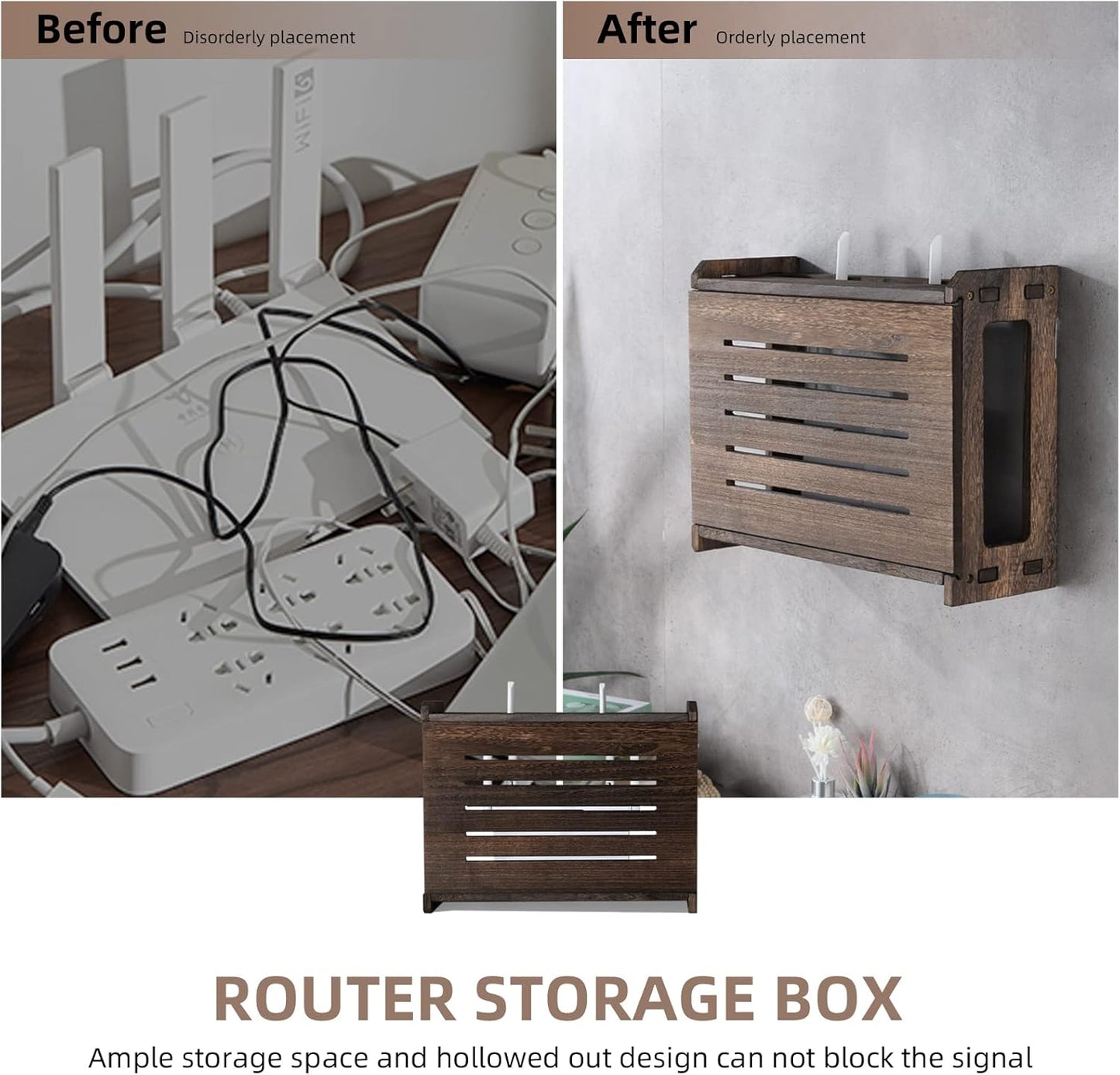 BEARUT 14.9 9.8 5.4 Wooden Router Shelf Wall Mount WiFi Router Storage Box Modem Cable Router Cover Organized Power