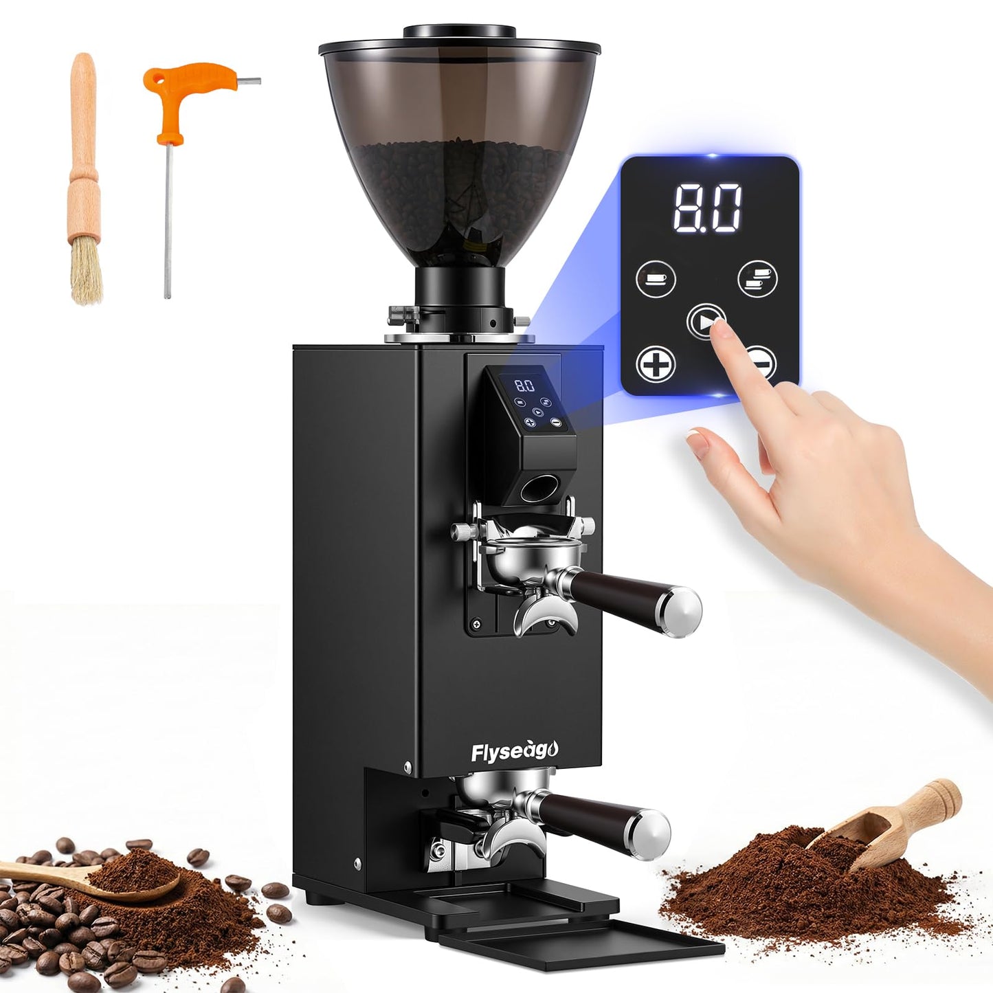 Flyseago Commercial Coffee Grinder with Electric Tamper, 64mm SUS420 Flat Burr, 14 Grind Settings for Café, Bakery
