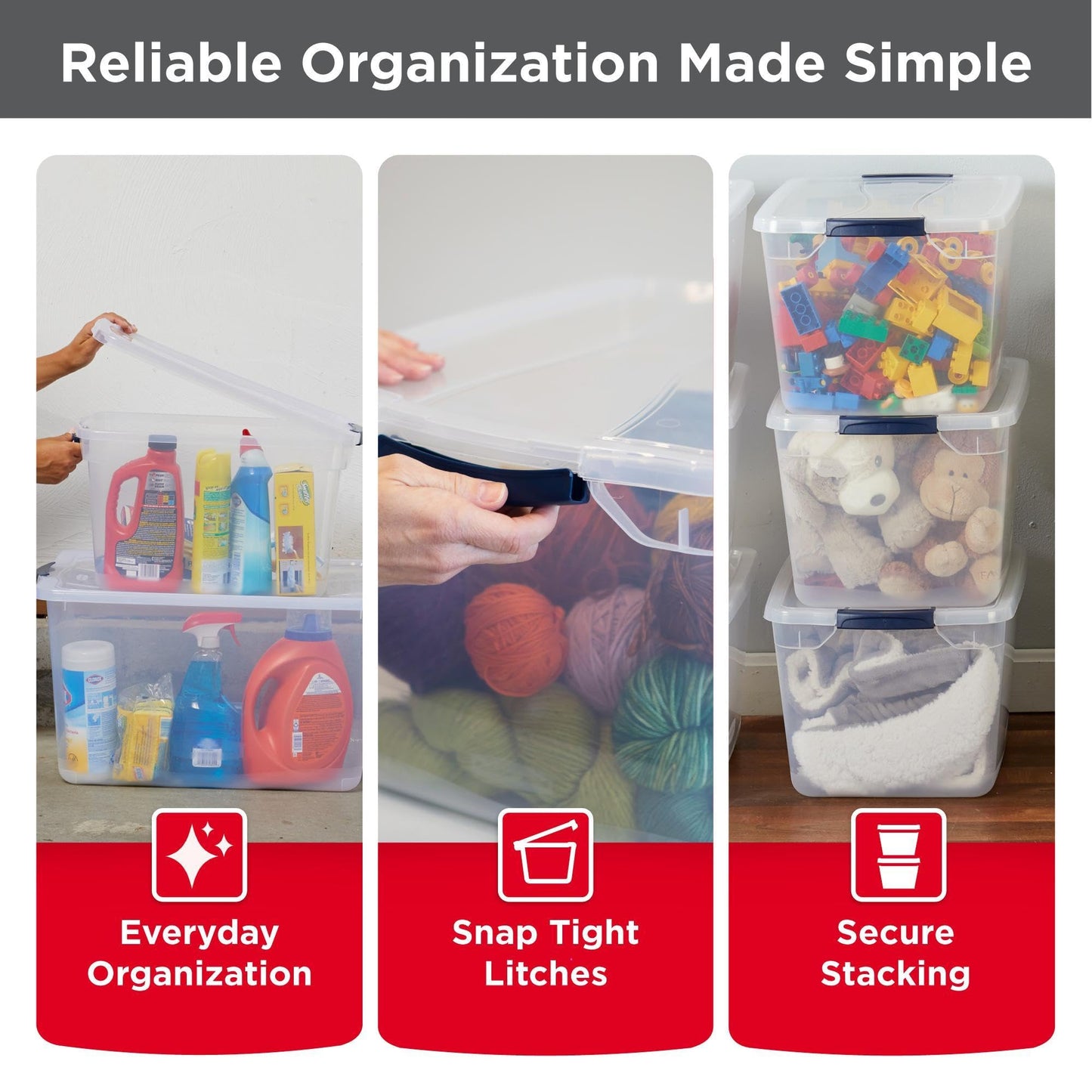 Rubbermaid Cleverstore Clear 32 Qt, 6 Pack Stackable Plastic Storage Bins with Lids, Great for Closet and Laundry Storage, Organizing in the Home