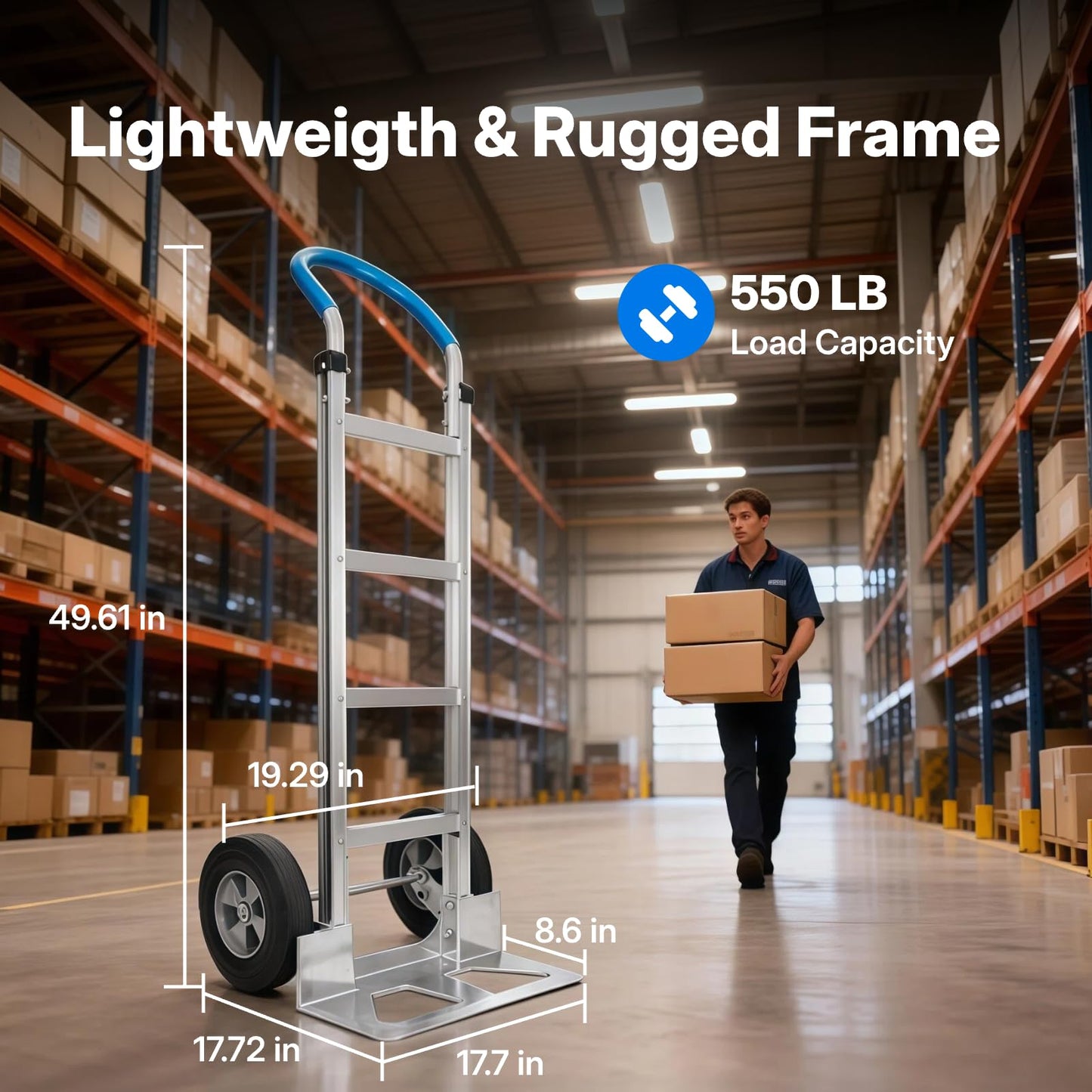 Heavy Duty Aluminum Hand Truck – 550 lbs Capacity, Ergonomic Curved Handle, 10" Solid Rubber Wheels, Beveled Nose Plate for Easy Loading & Transport