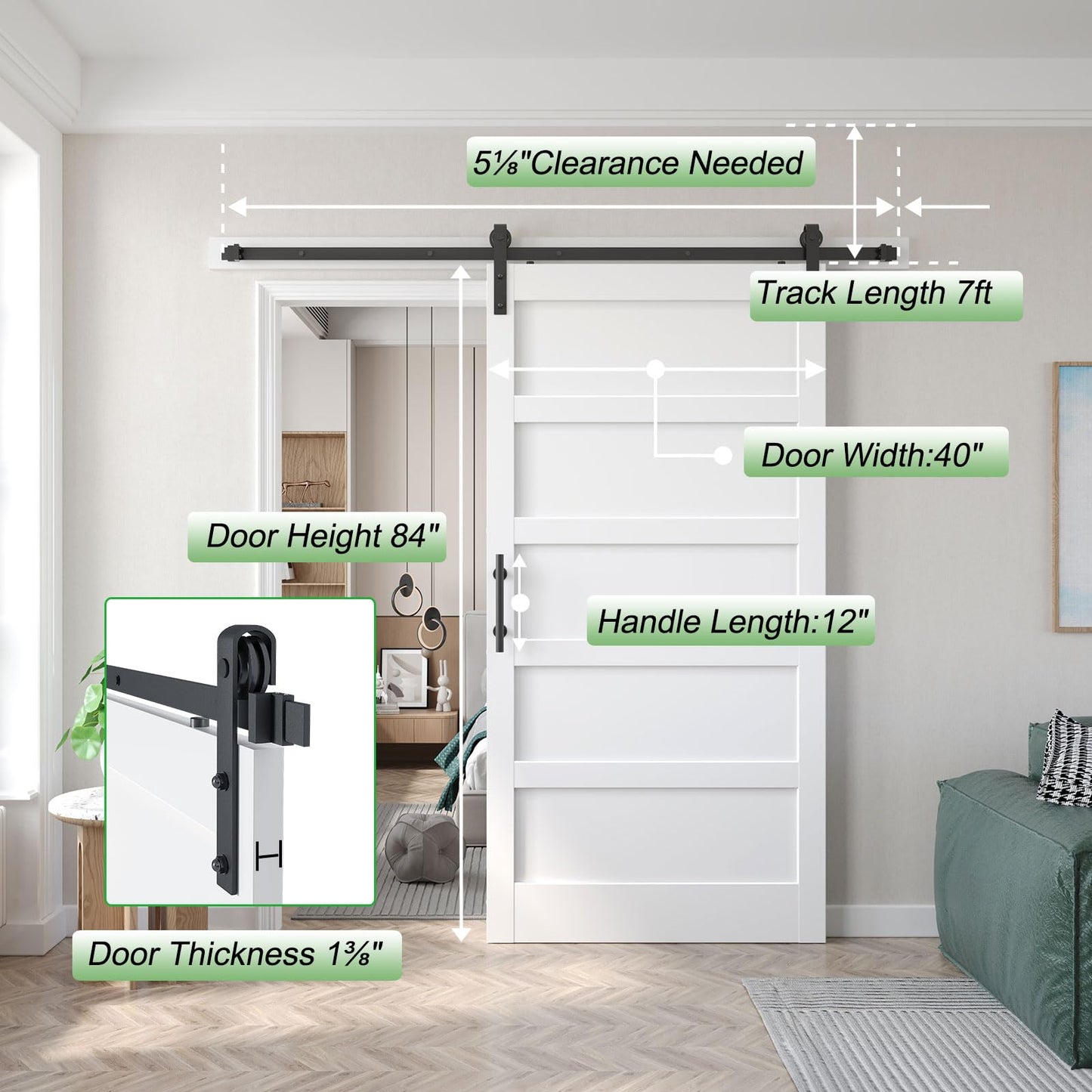 Fredbeck 40x84 inch White Barn Door with 7FT Sliding Door Hardware Kit Included & Handle,MDF,Solid PVC Surface,DIY Assembly,5-Panel