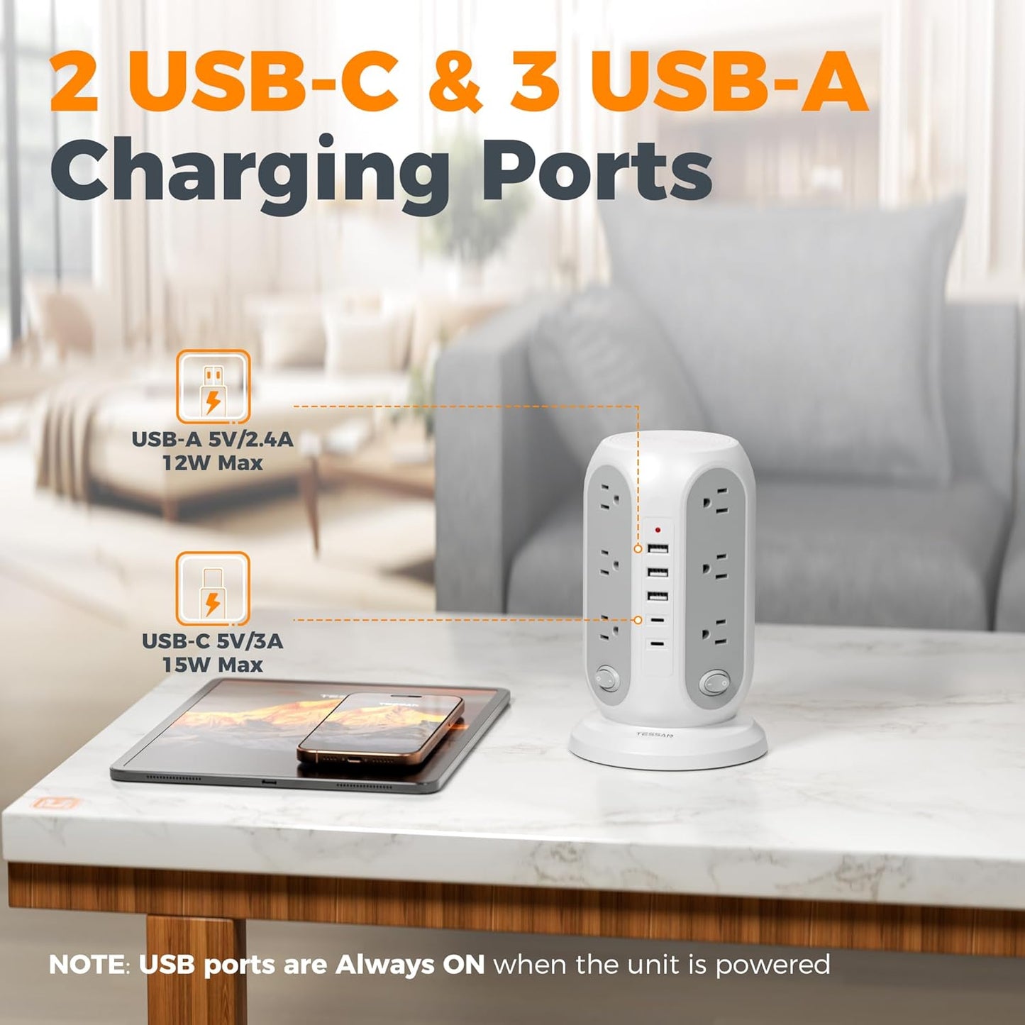 TESSAN 12 5 Ports(2 10 1250W, Tower Power Strip with Individual Switches, Surge Protector with Outlets, USB USB C)